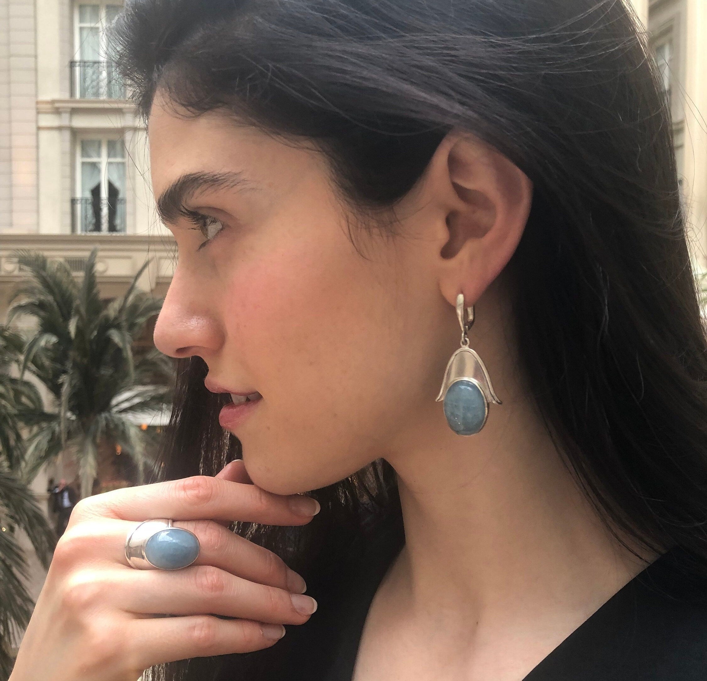 Aquamarine Earrings, Natural Aquamarine, Hamsa Earrings, Heavy Silver Earrings, Inspirational Earrings, Statement Earrings, Lotus Earrings
