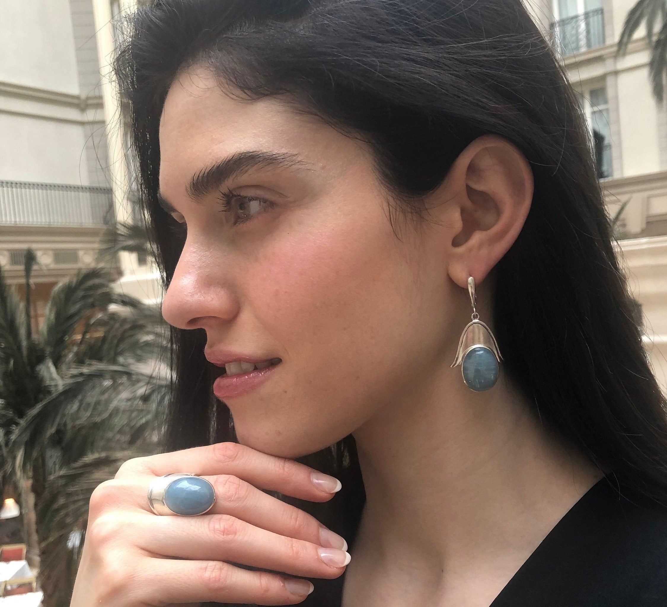 Aquamarine Earrings, Natural Aquamarine, Hamsa Earrings, Heavy Silver Earrings, Inspirational Earrings, Statement Earrings, Lotus Earrings