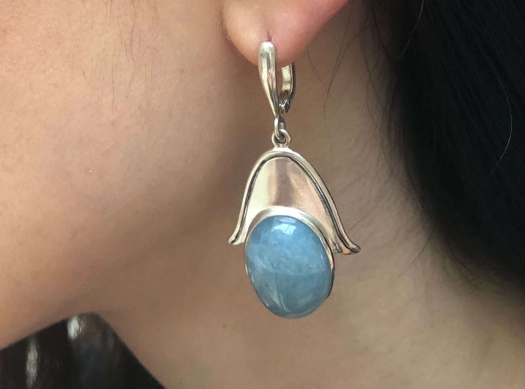 Aquamarine Earrings, Natural Aquamarine, Hamsa Earrings, Heavy Silver Earrings, Inspirational Earrings, Statement Earrings, Lotus Earrings