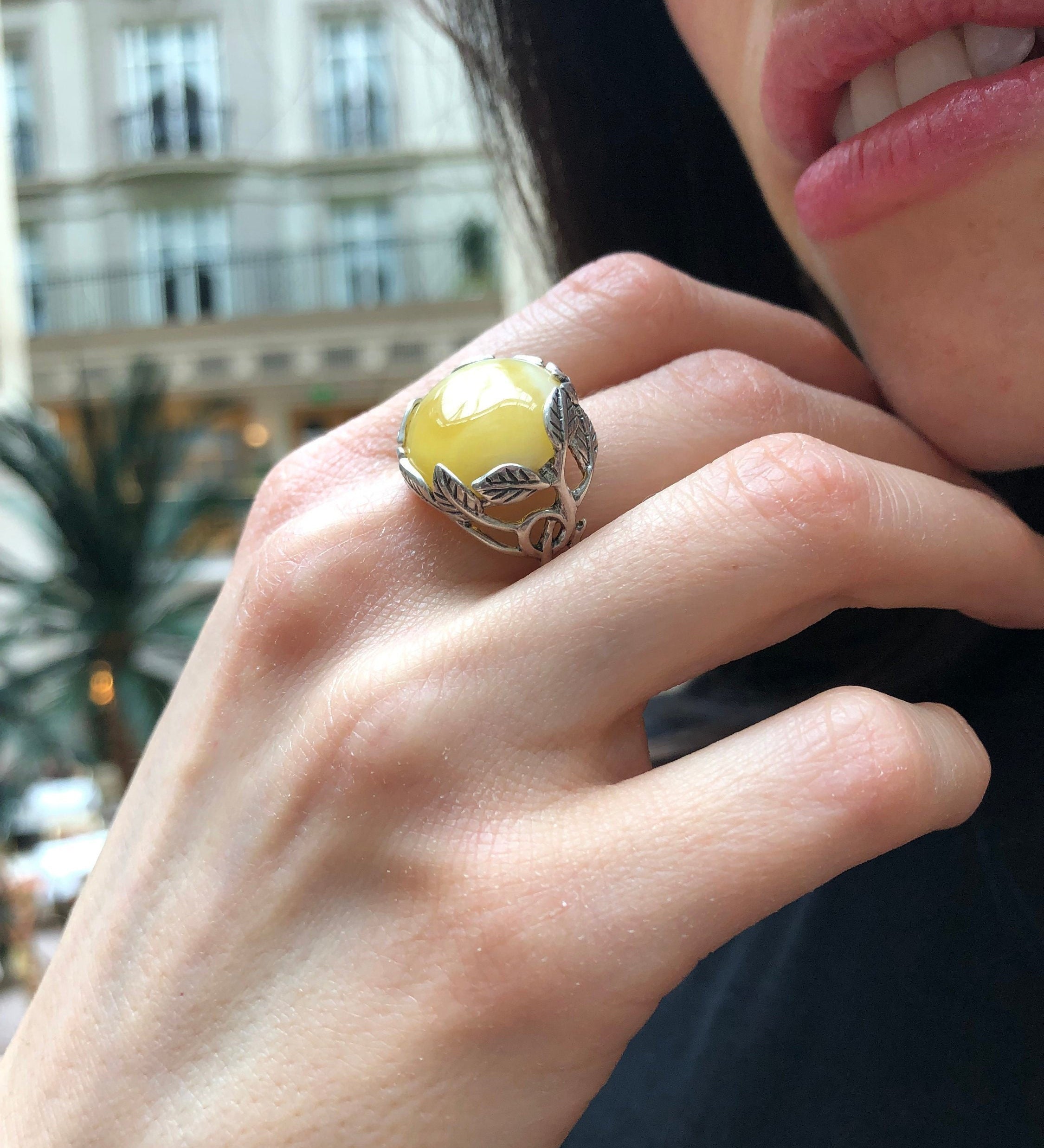 Milky Amber Ring, Natural Amber Ring, Statement Ring, Yellow Ring, Leaf Ring, Artistic Ring, Flower Ring, Taurus Ring, Solid Silver Ring