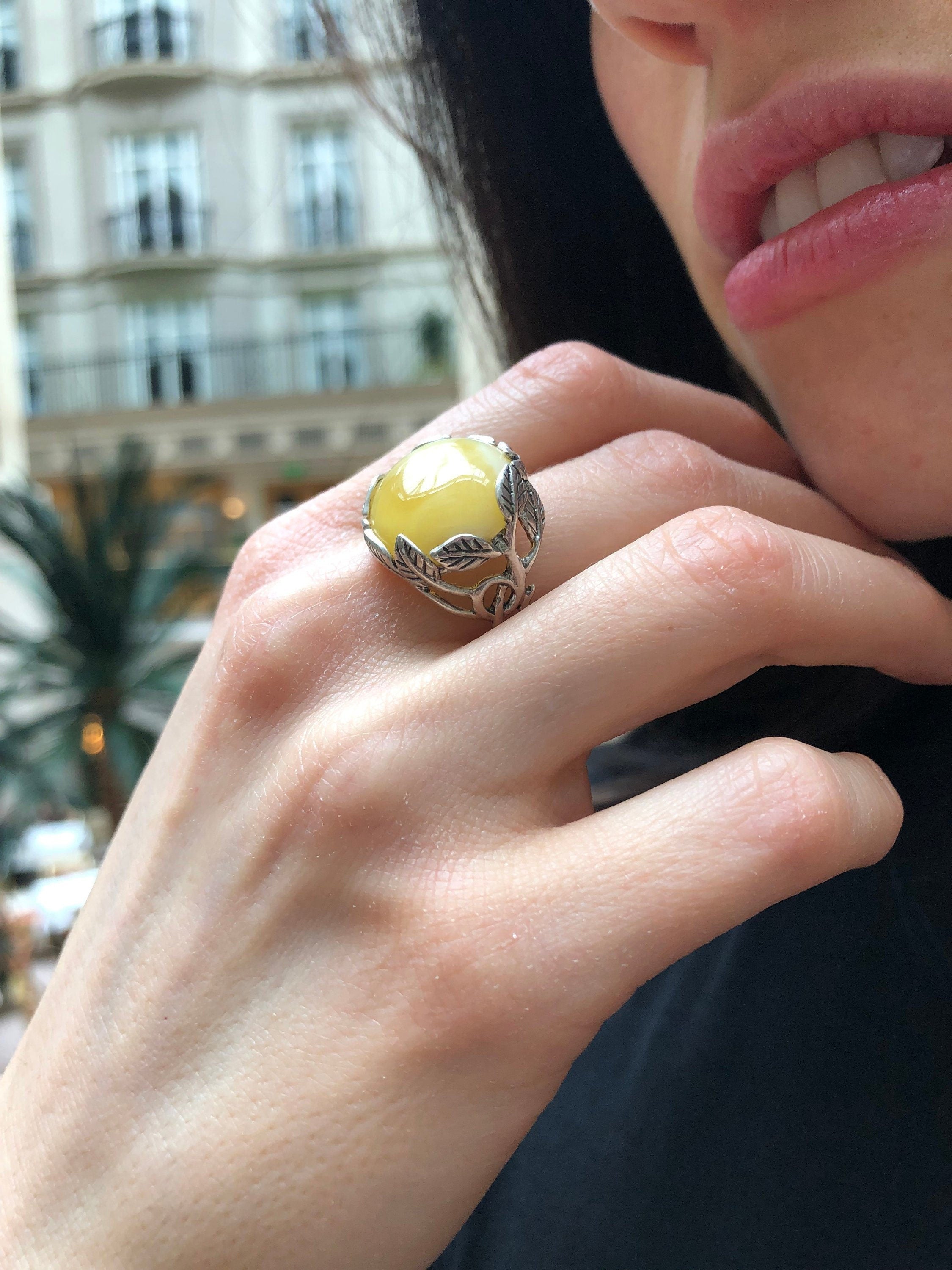 Milky Amber Ring, Natural Amber Ring, Statement Ring, Yellow Ring, Leaf Ring, Artistic Ring, Flower Ring, Taurus Ring, Solid Silver Ring