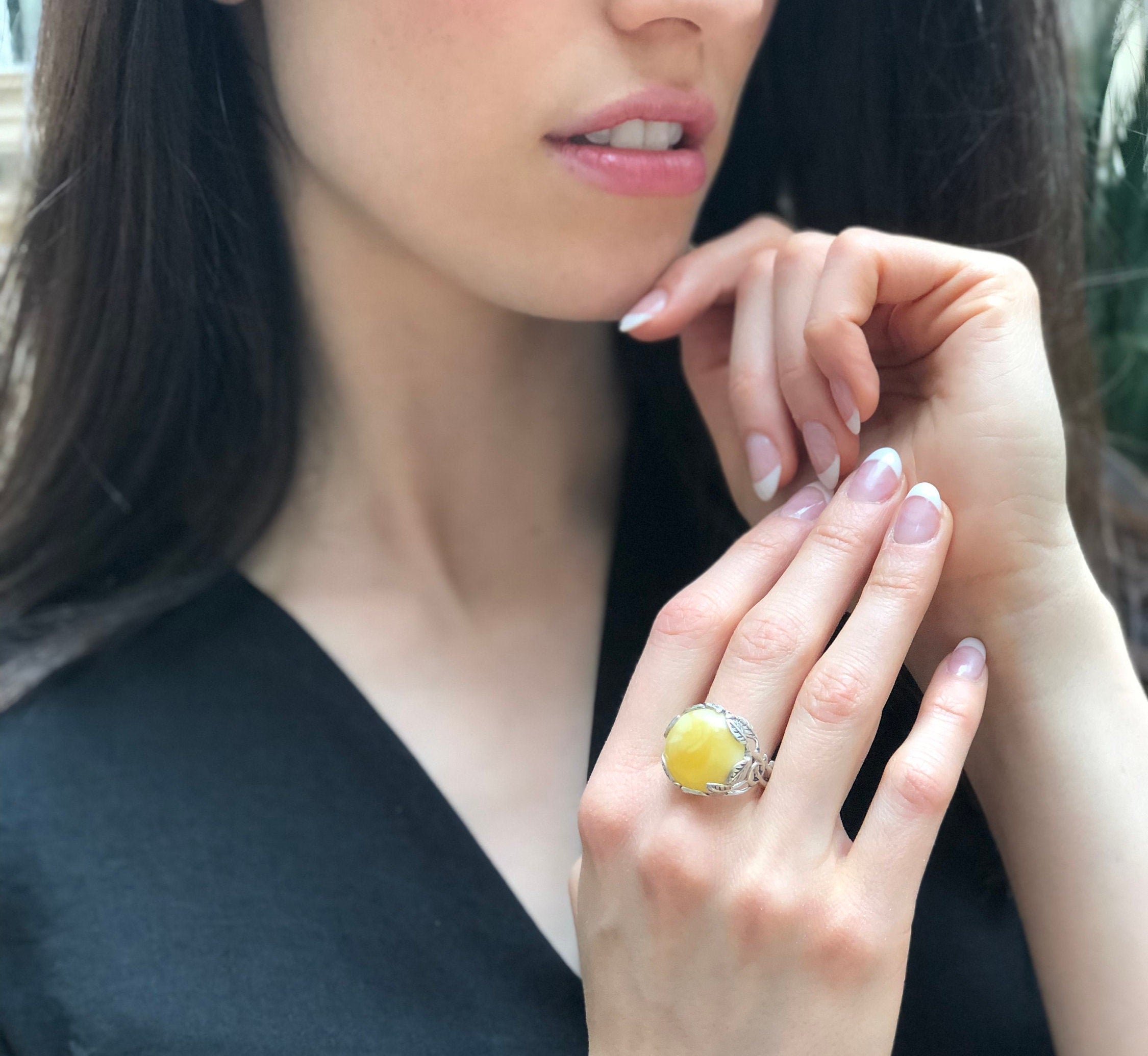 Milky Amber Ring, Natural Amber Ring, Statement Ring, Yellow Ring, Leaf Ring, Artistic Ring, Flower Ring, Taurus Ring, Solid Silver Ring