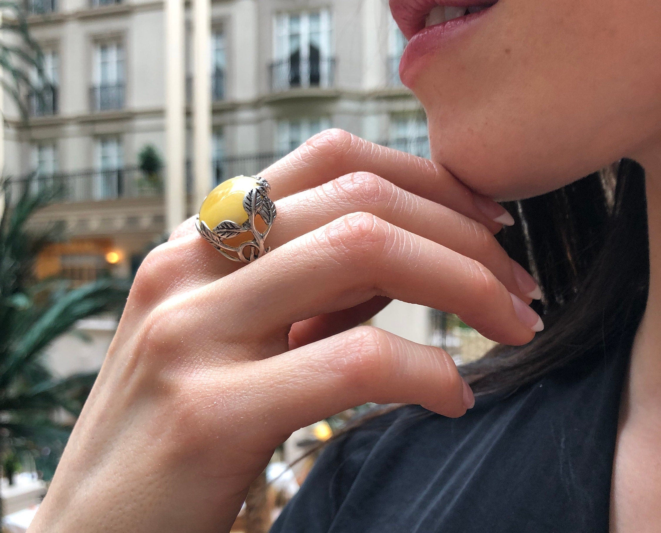 Milky Amber Ring, Natural Amber Ring, Statement Ring, Yellow Ring, Leaf Ring, Artistic Ring, Flower Ring, Taurus Ring, Solid Silver Ring