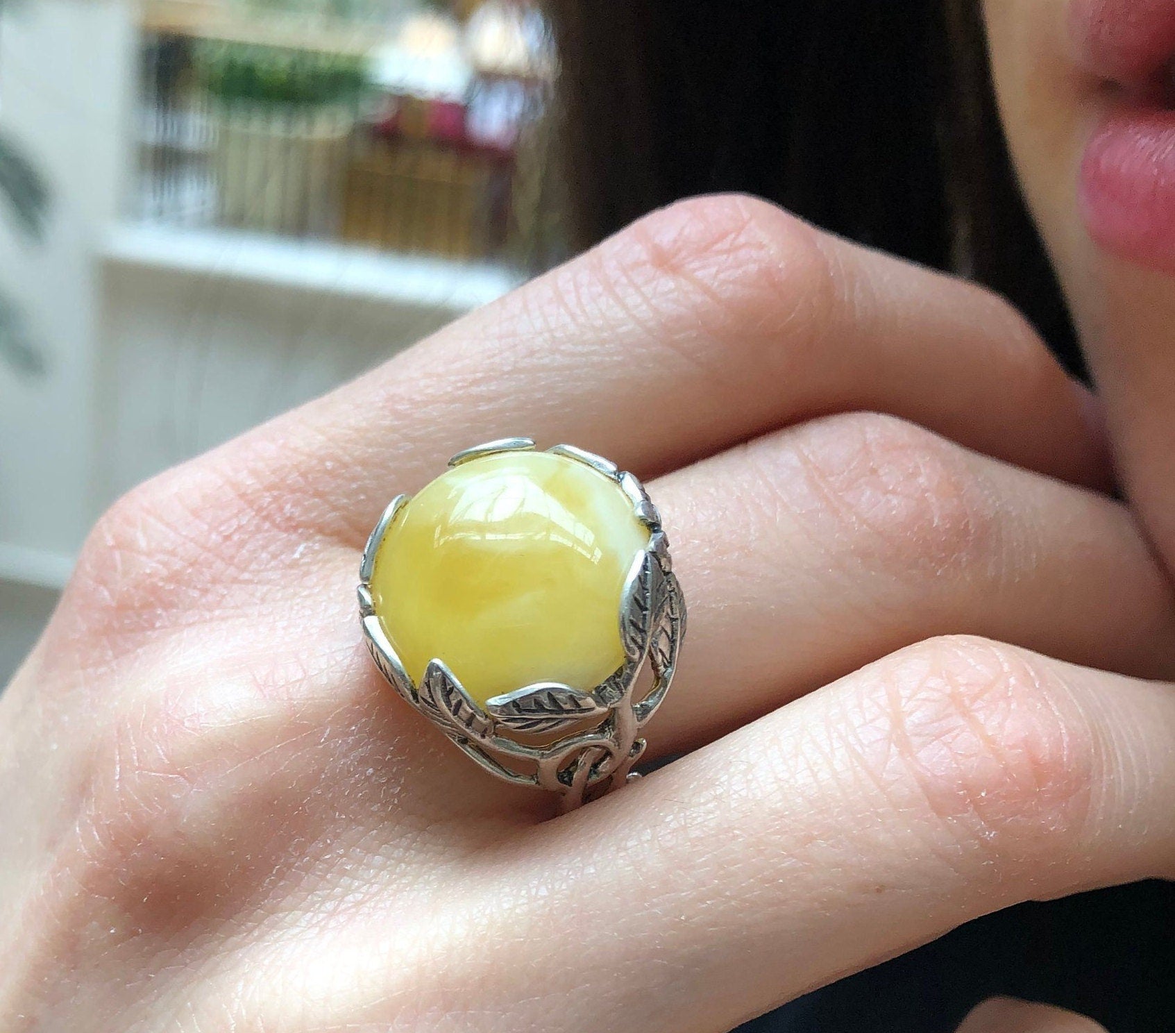 Milky Amber Ring, Natural Amber Ring, Statement Ring, Yellow Ring, Leaf Ring, Artistic Ring, Flower Ring, Taurus Ring, Solid Silver Ring