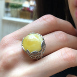 Milky Amber Ring, Natural Amber Ring, Statement Ring, Yellow Ring, Leaf Ring, Artistic Ring, Flower Ring, Taurus Ring, Solid Silver Ring