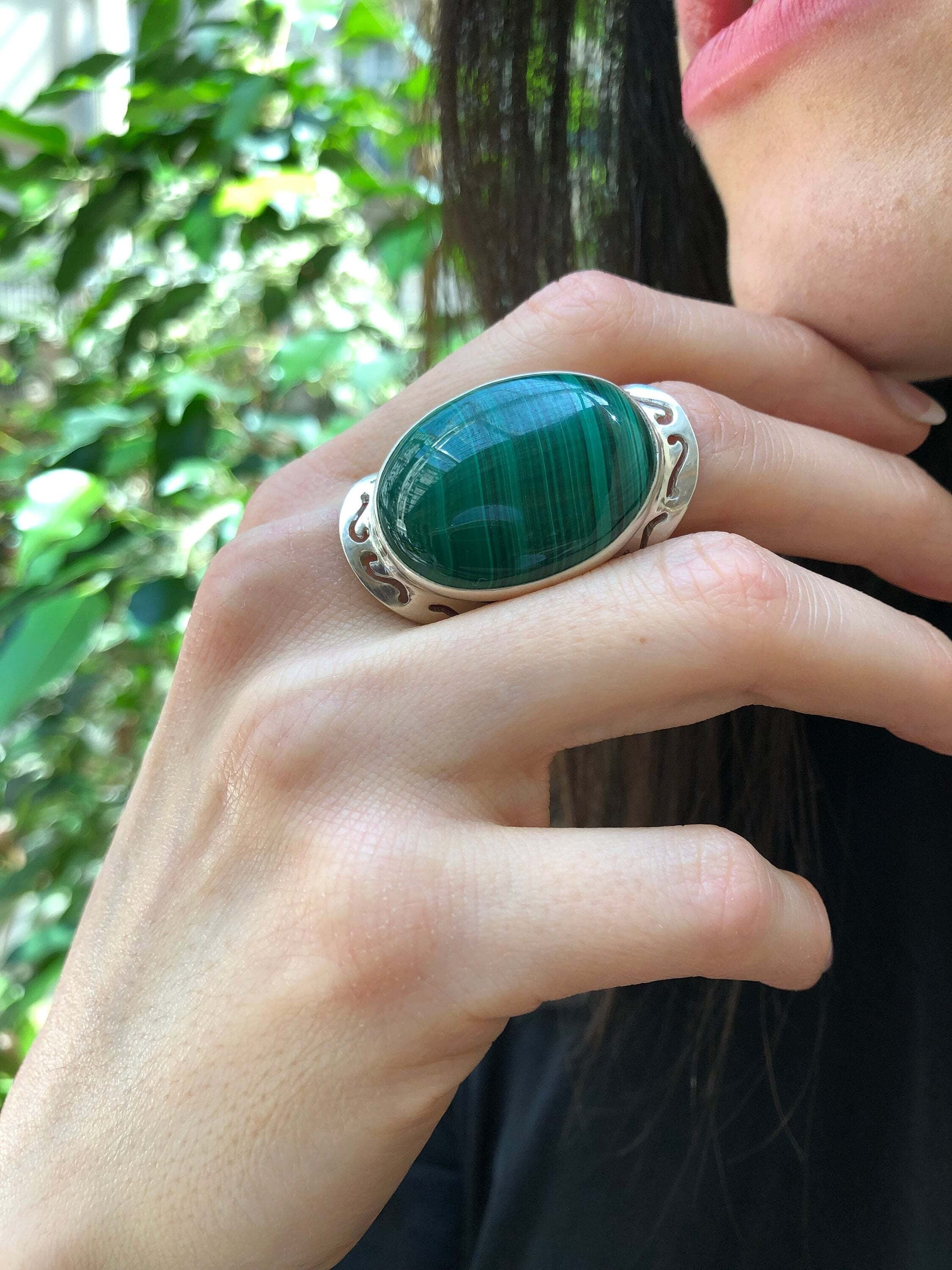 Large Malachite Ring, Natural Malachite, Green Malachite Ring, Vintage Rings, Large Stone Ring, Green Gem Ring, Solid Silver Ring, Malachite