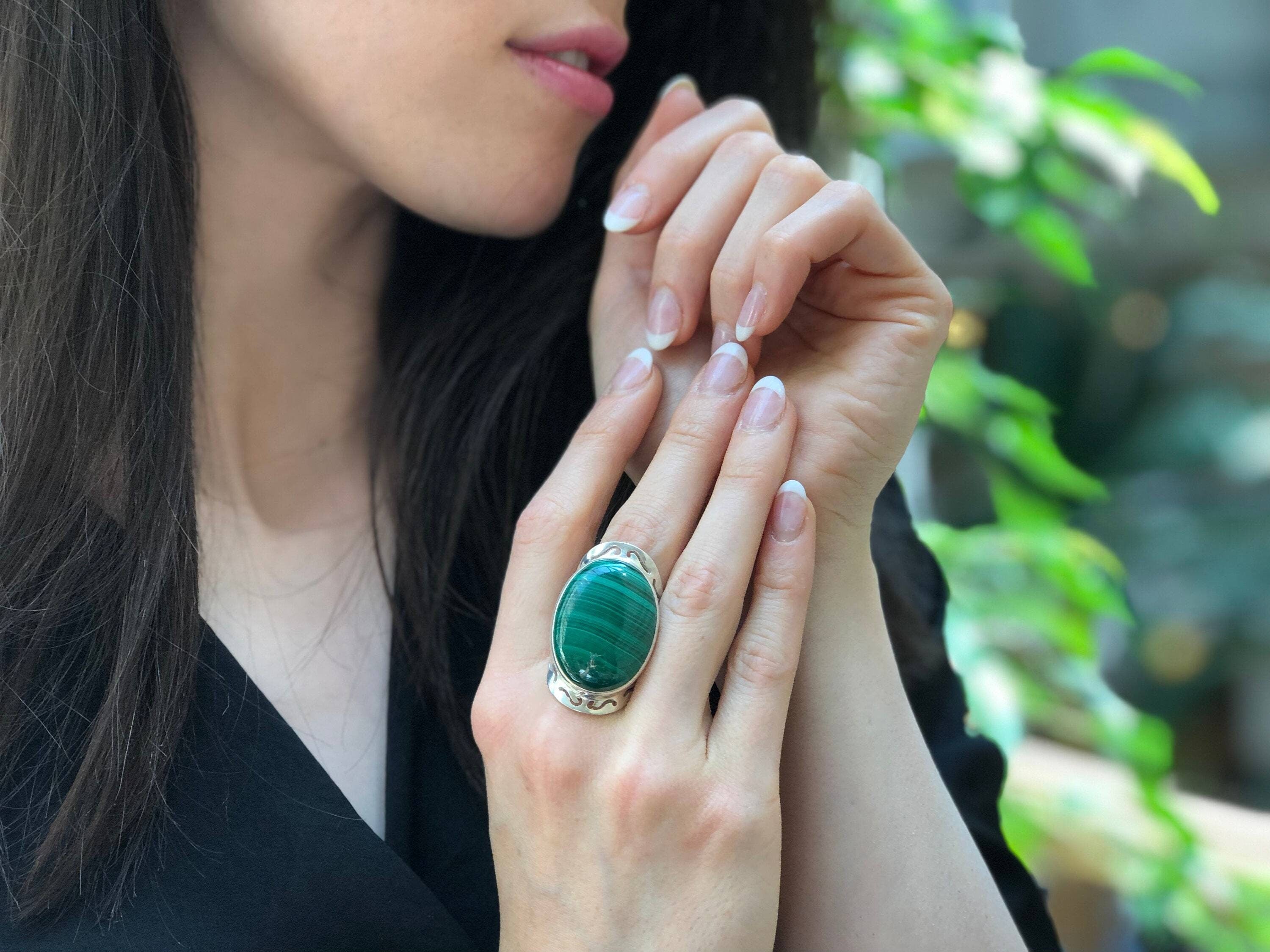 Large Malachite Ring, Natural Malachite, Green Malachite Ring, Vintage Rings, Large Stone Ring, Green Gem Ring, Solid Silver Ring, Malachite