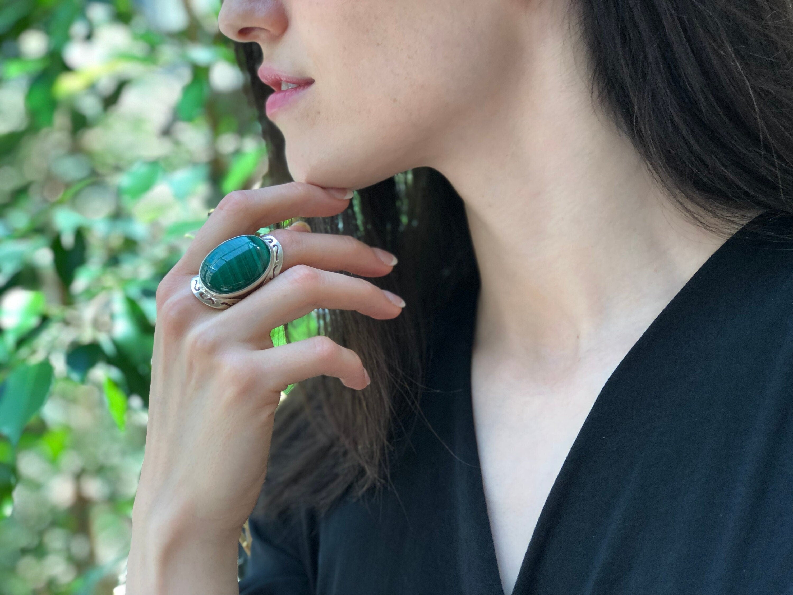 Large Malachite Ring, Natural Malachite, Green Malachite Ring, Vintage Rings, Large Stone Ring, Green Gem Ring, Solid Silver Ring, Malachite