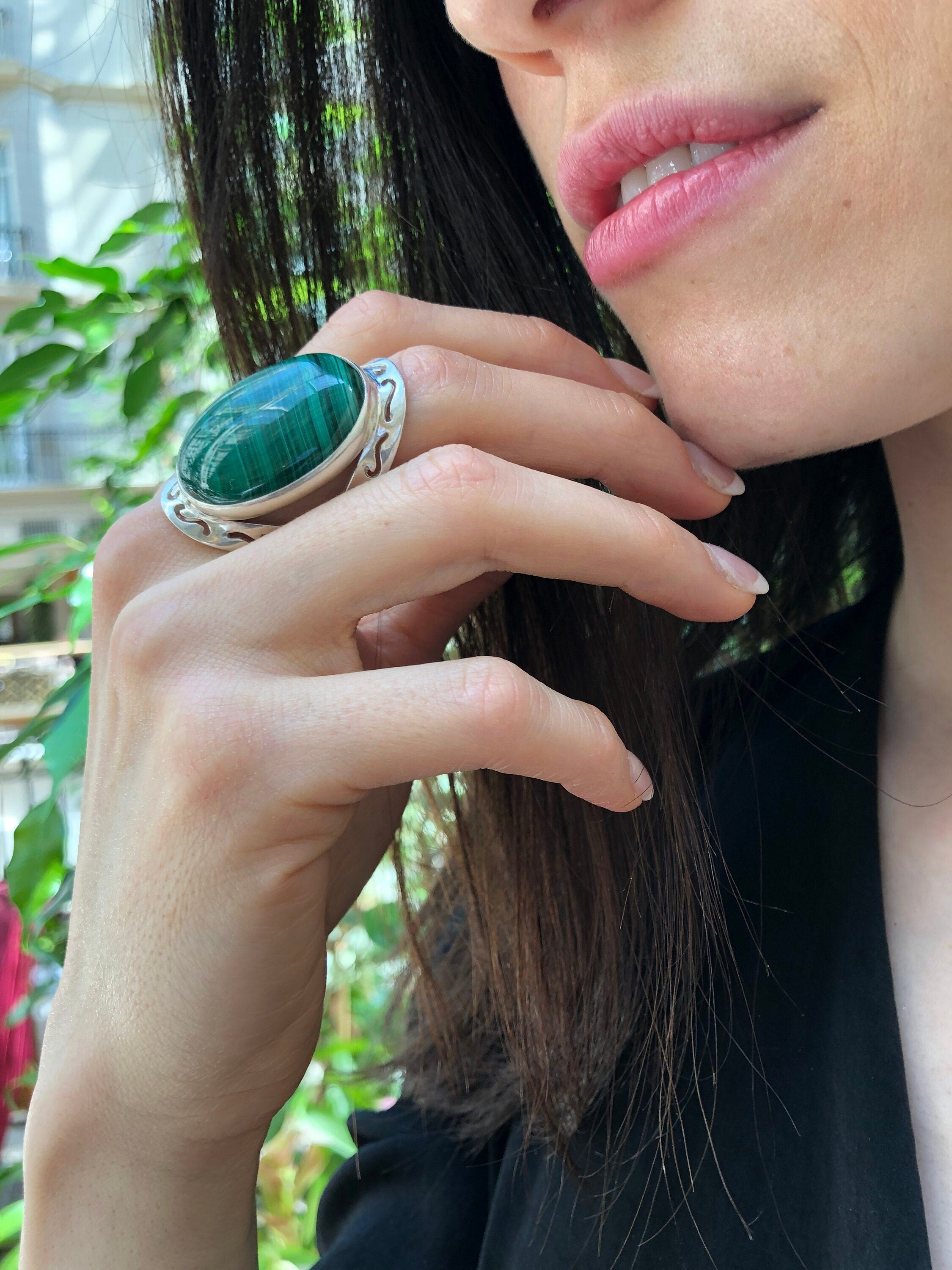 Large Malachite Ring, Natural Malachite, Green Malachite Ring, Vintage Rings, Large Stone Ring, Green Gem Ring, Solid Silver Ring, Malachite