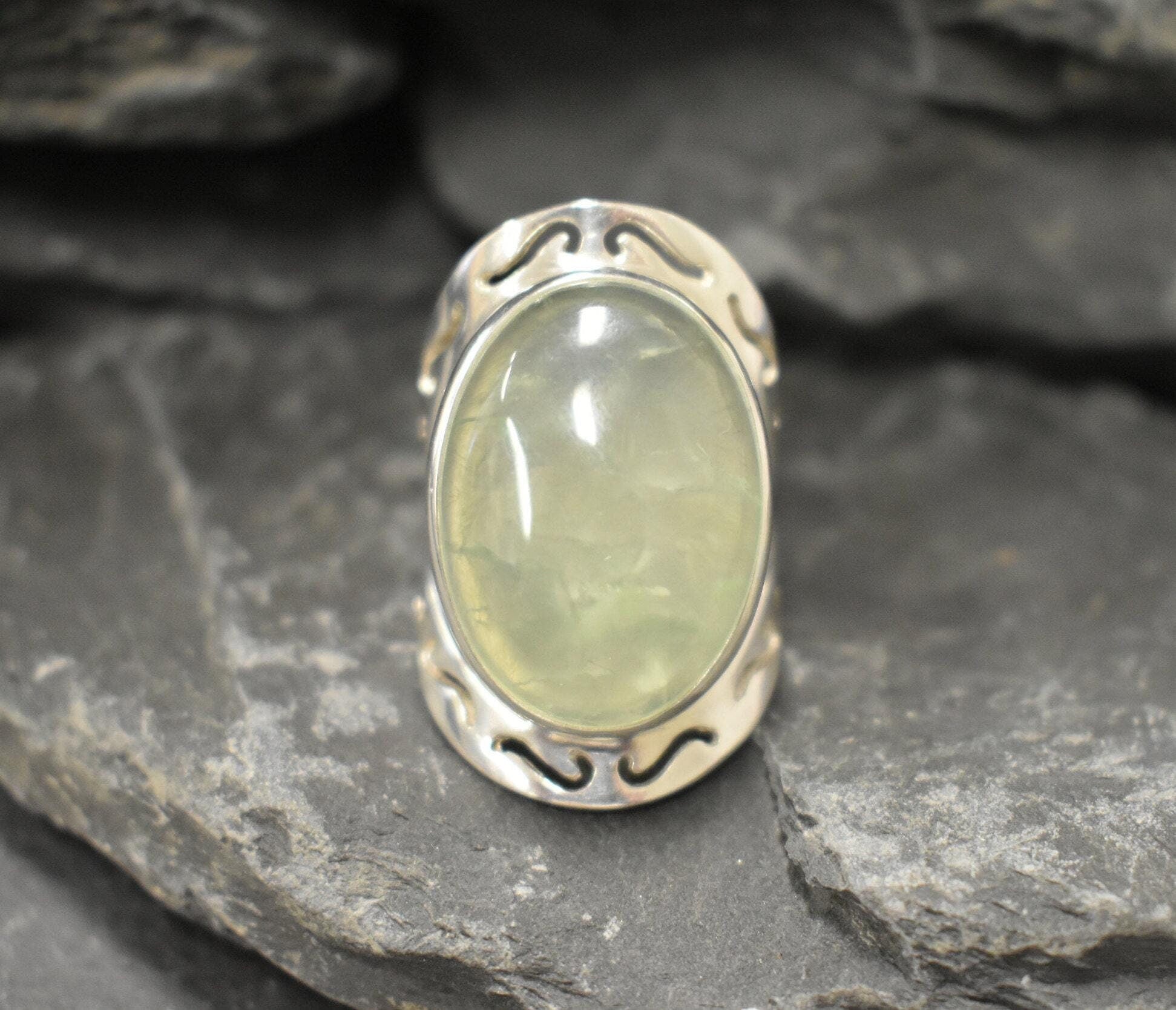 Prehnite Ring, Natural Prehnite, May Birthstone, Tribal Ring, Statement Ring, Massive Ring, Heavy Ring, Big Green Ring, Solid Silver Ring