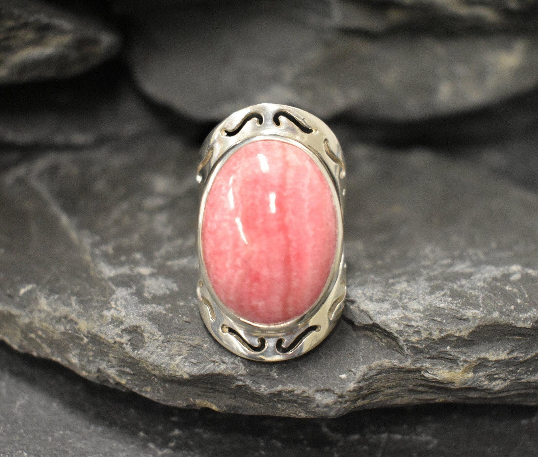 Rhodochrosite Ring, Large Pink Ring, Pink Oval Ring, Statement Ring, Artisan Ring, Bohemian Ring, Solid Silver Ring, Natural Rhodochrosite
