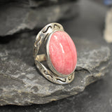 Rhodochrosite Ring, Large Pink Ring, Pink Oval Ring, Statement Ring, Artisan Ring, Bohemian Ring, Solid Silver Ring, Natural Rhodochrosite