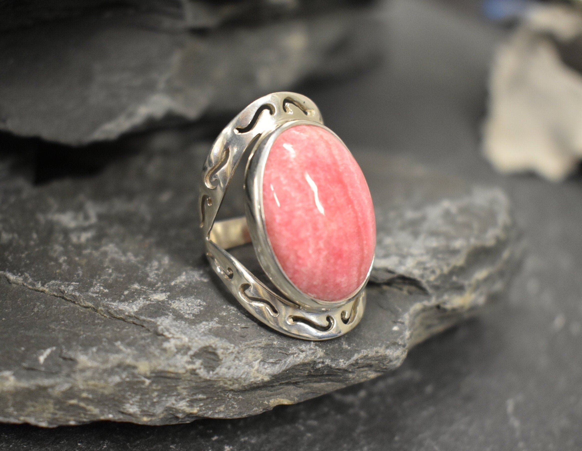 Rhodochrosite Ring, Large Pink Ring, Pink Oval Ring, Statement Ring, Artisan Ring, Bohemian Ring, Solid Silver Ring, Natural Rhodochrosite