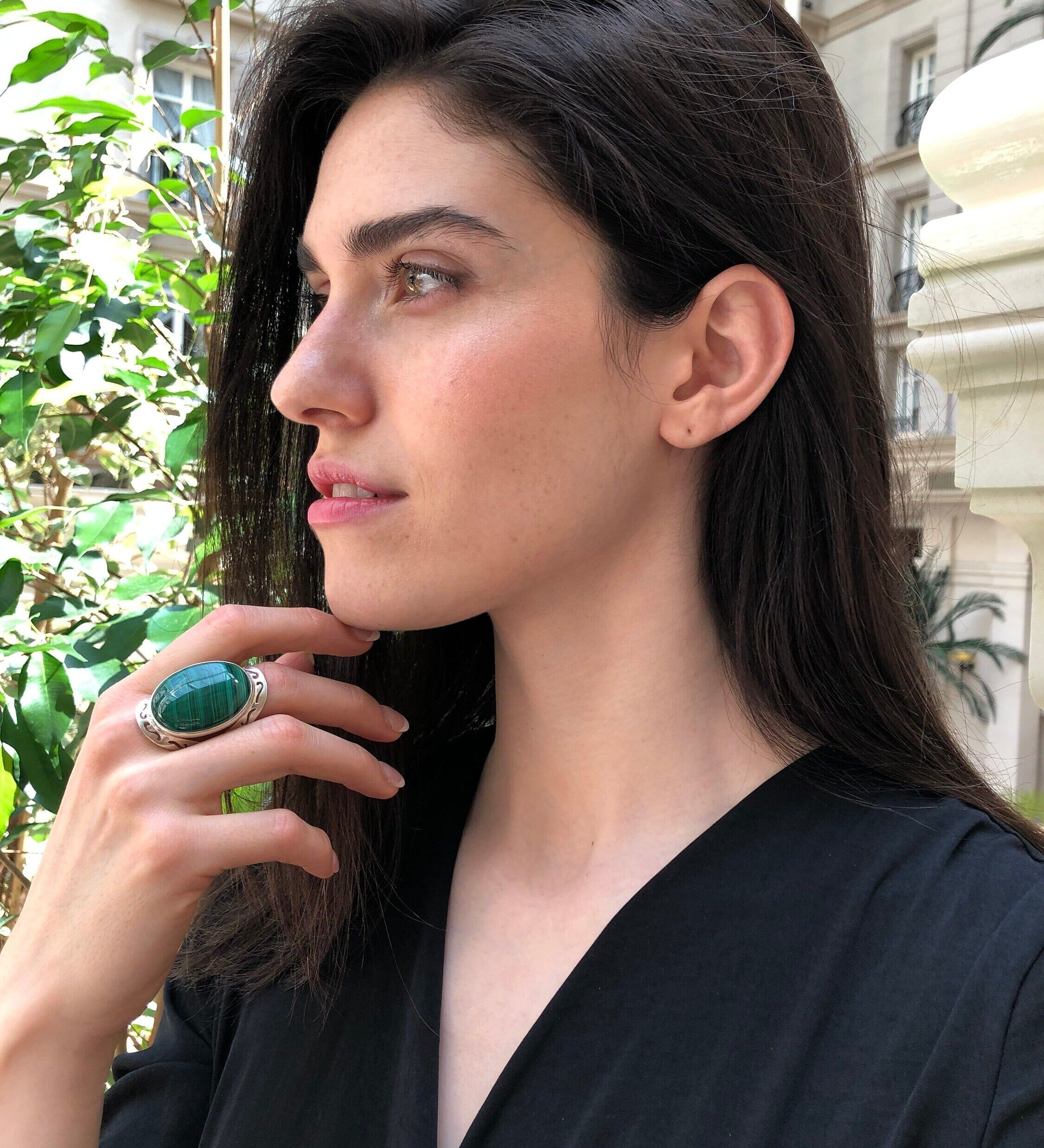 Large Malachite Ring, Natural Malachite, Green Malachite Ring, Vintage Rings, Large Stone Ring, Green Gem Ring, Solid Silver Ring, Malachite