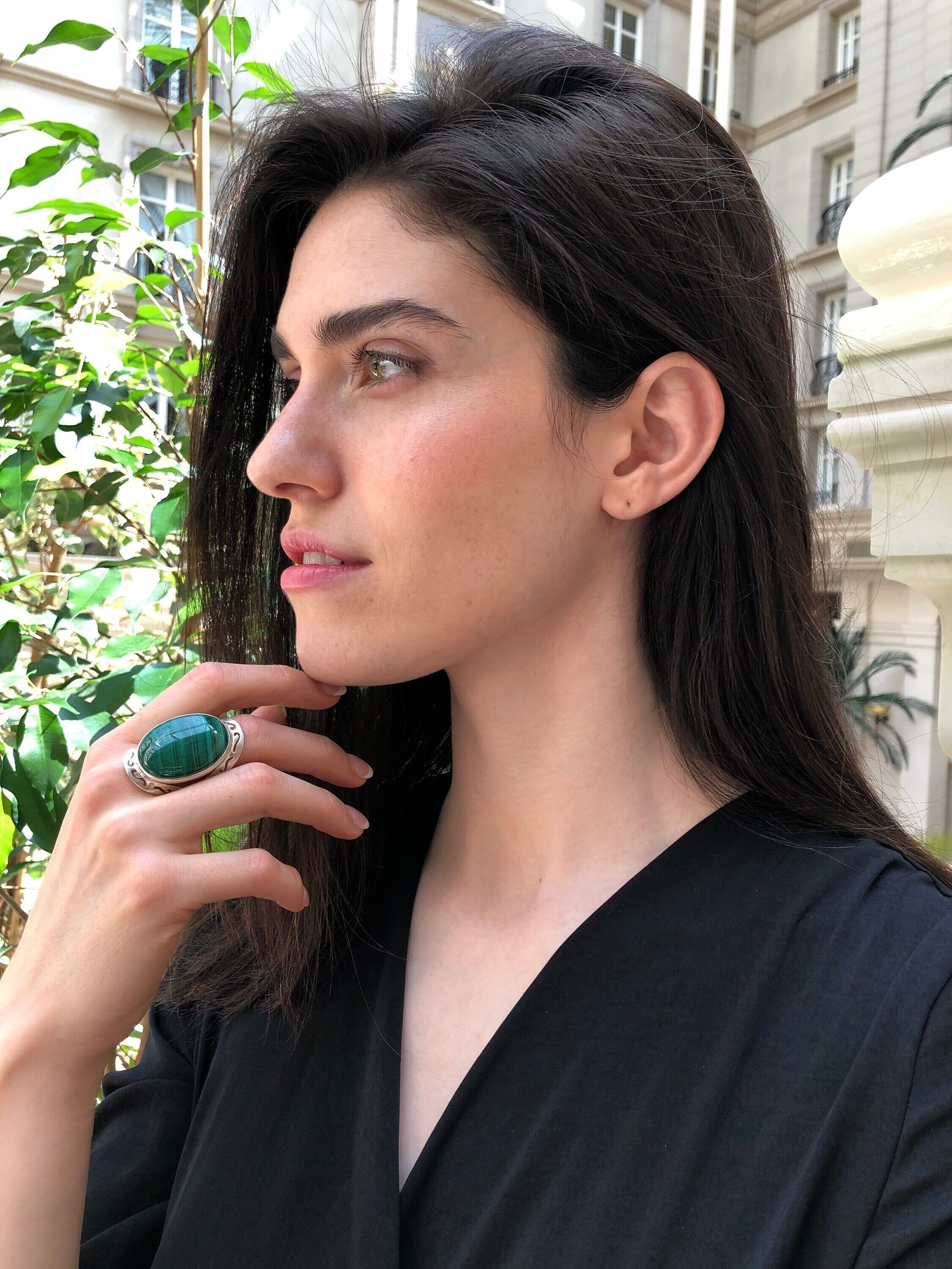 Large Malachite Ring, Natural Malachite, Green Malachite Ring, Vintage Rings, Large Stone Ring, Green Gem Ring, Solid Silver Ring, Malachite