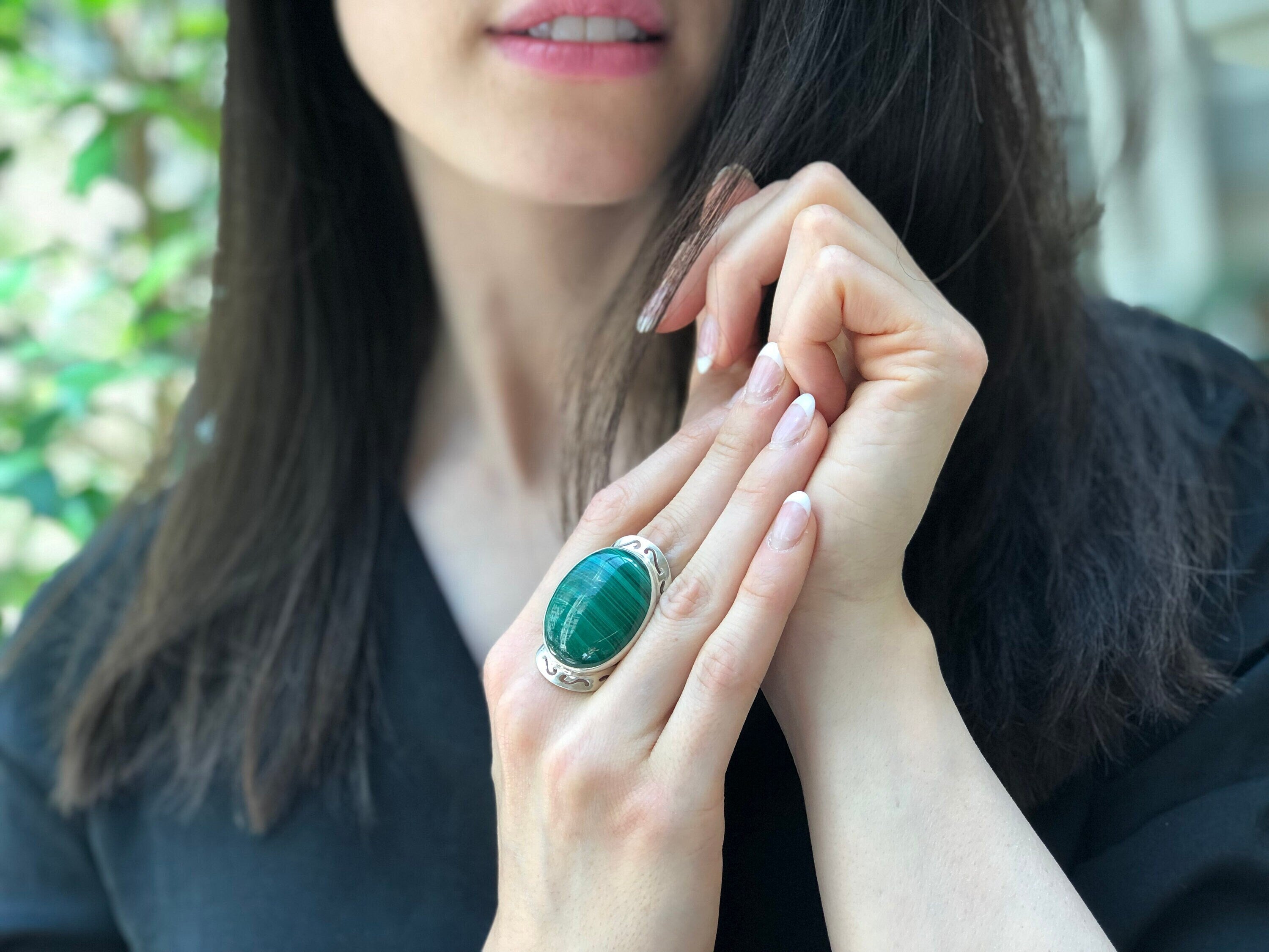 Large Malachite Ring, Natural Malachite, Green Malachite Ring, Vintage Rings, Large Stone Ring, Green Gem Ring, Solid Silver Ring, Malachite
