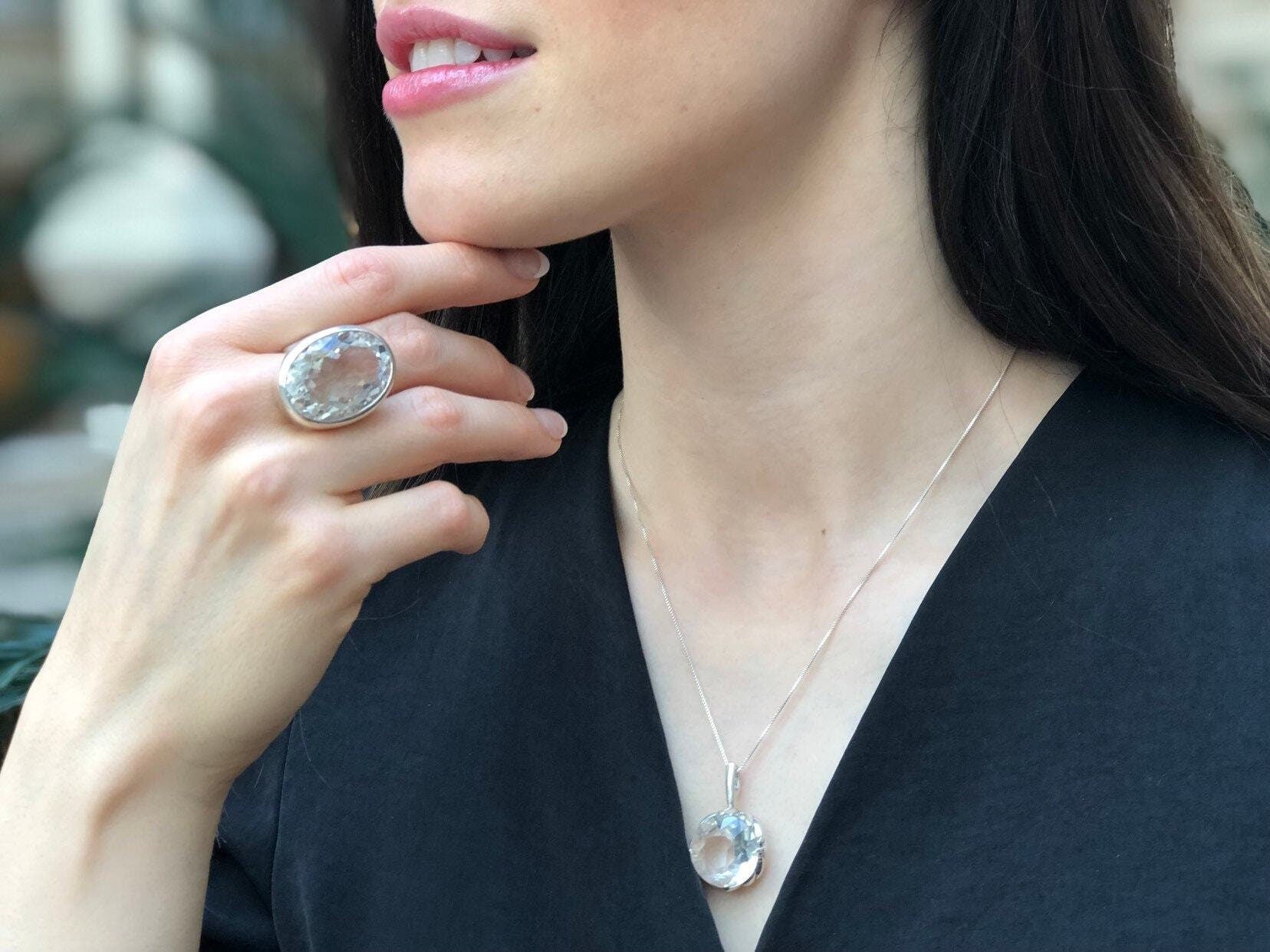 Large Topaz Ring, Natural White Topaz, Statement Ring, December Birthstone, Vintage Ring, Big Diamond Ring, Chunky Ring, Solid Silver Ring