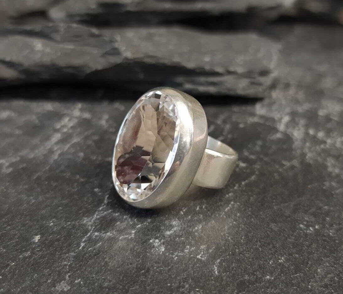 Large Topaz Ring, Natural White Topaz, Statement Ring, December Birthstone, Vintage Ring, Big Diamond Ring, Chunky Ring, Solid Silver Ring