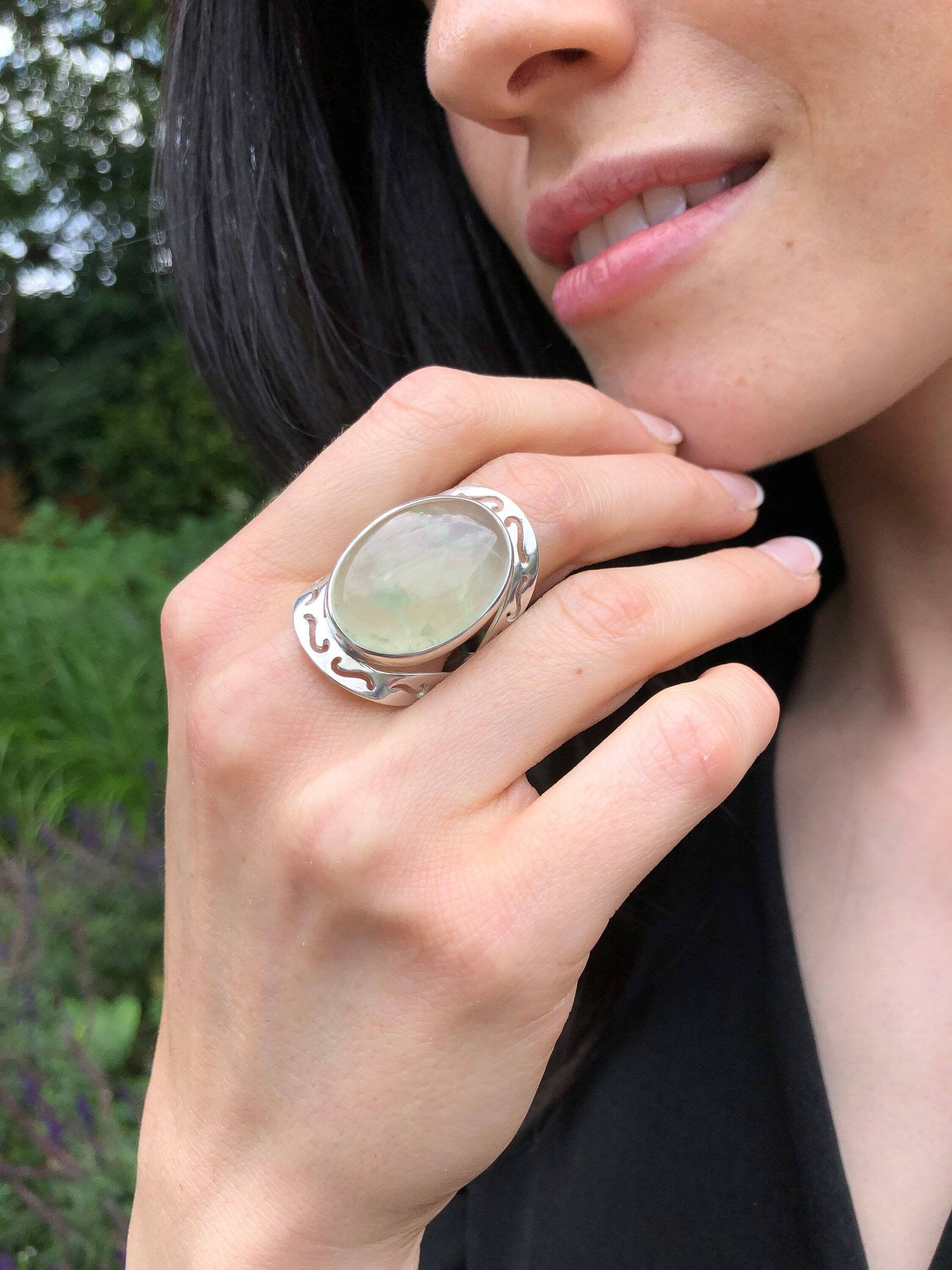Prehnite Ring, Natural Prehnite, May Birthstone, Tribal Ring, Statement Ring, Massive Ring, Heavy Ring, Big Green Ring, Solid Silver Ring