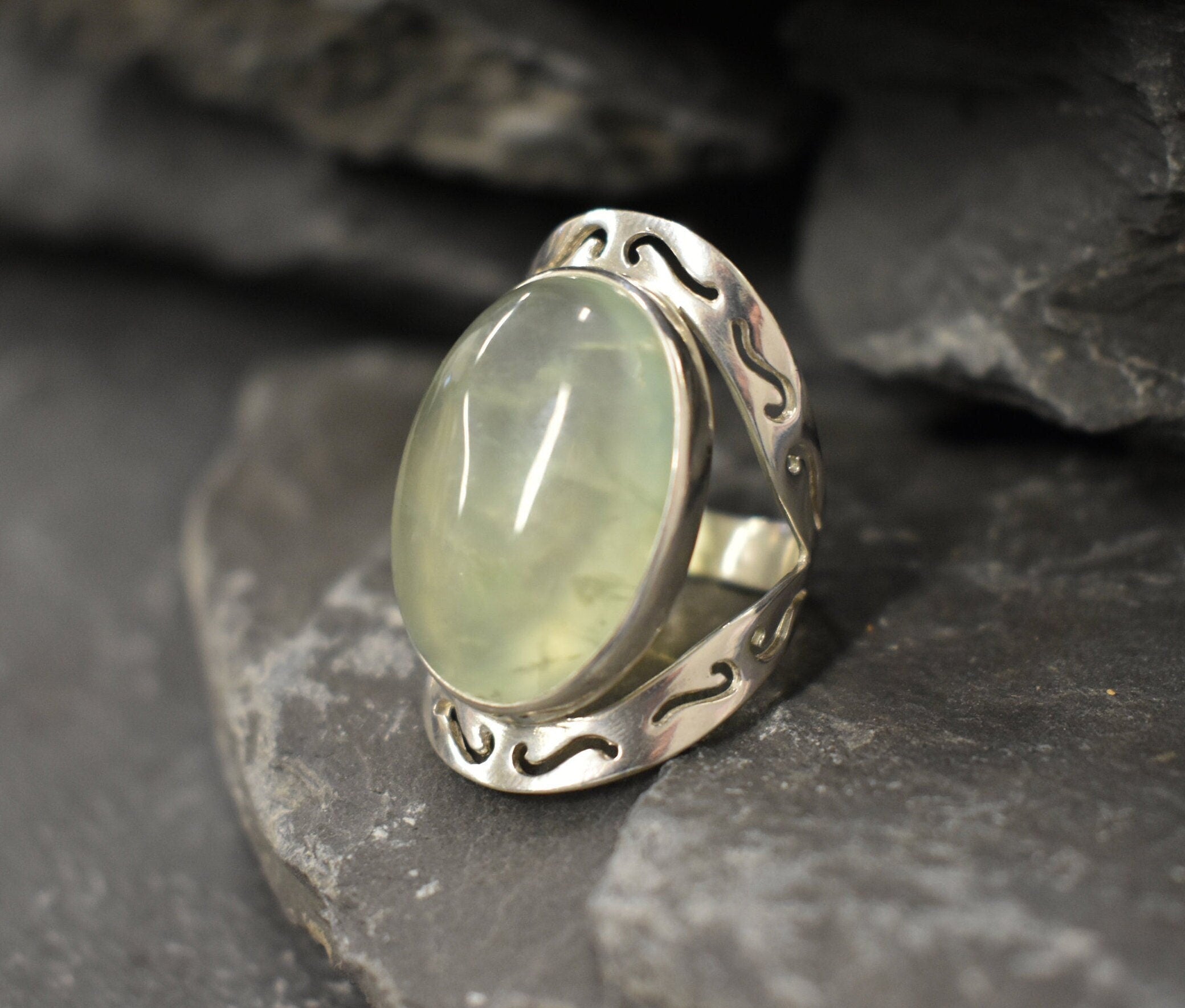Prehnite Ring, Natural Prehnite, May Birthstone, Tribal Ring, Statement Ring, Massive Ring, Heavy Ring, Big Green Ring, Solid Silver Ring