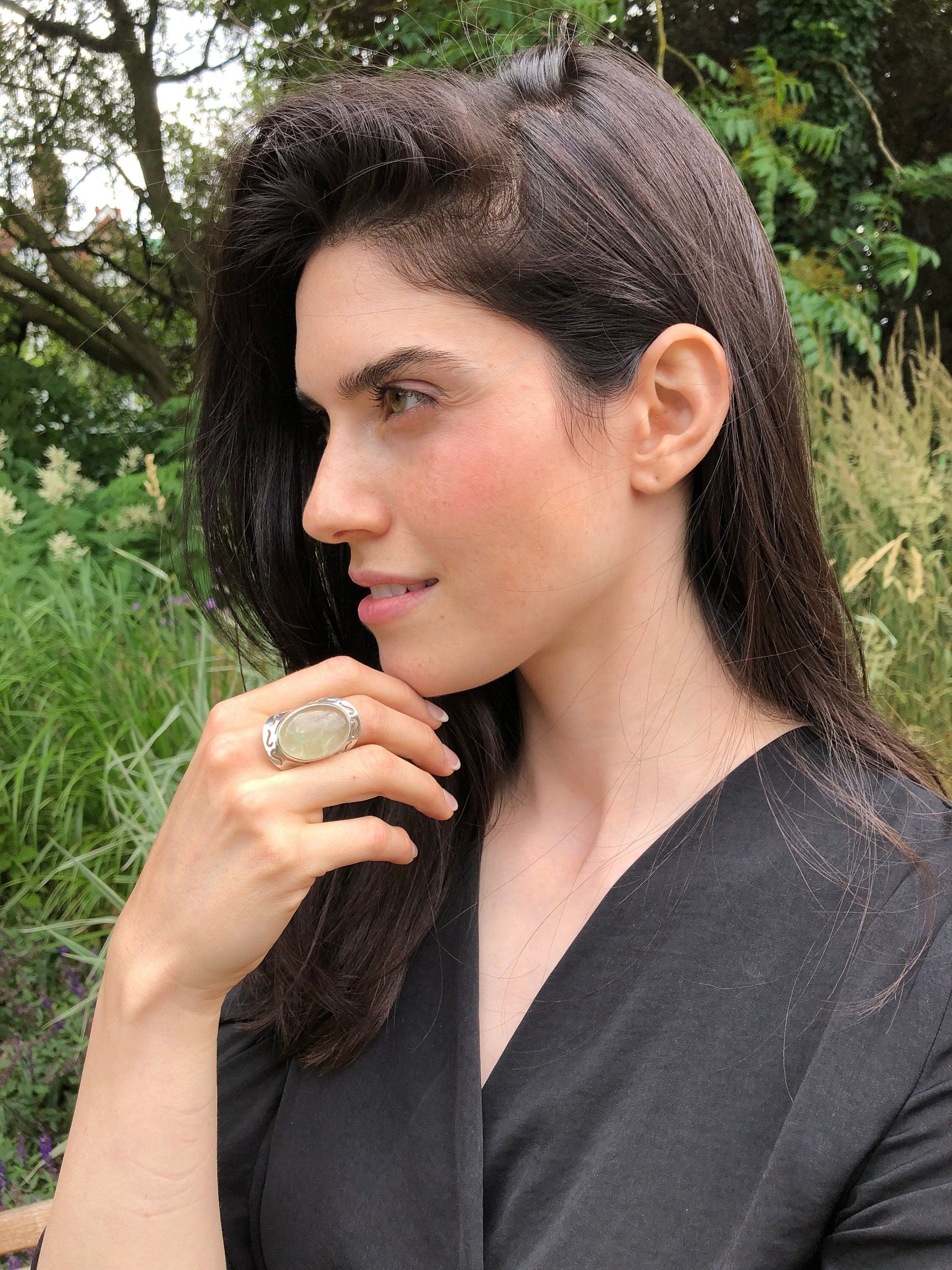 Prehnite Ring, Natural Prehnite, May Birthstone, Tribal Ring, Statement Ring, Massive Ring, Heavy Ring, Big Green Ring, Solid Silver Ring
