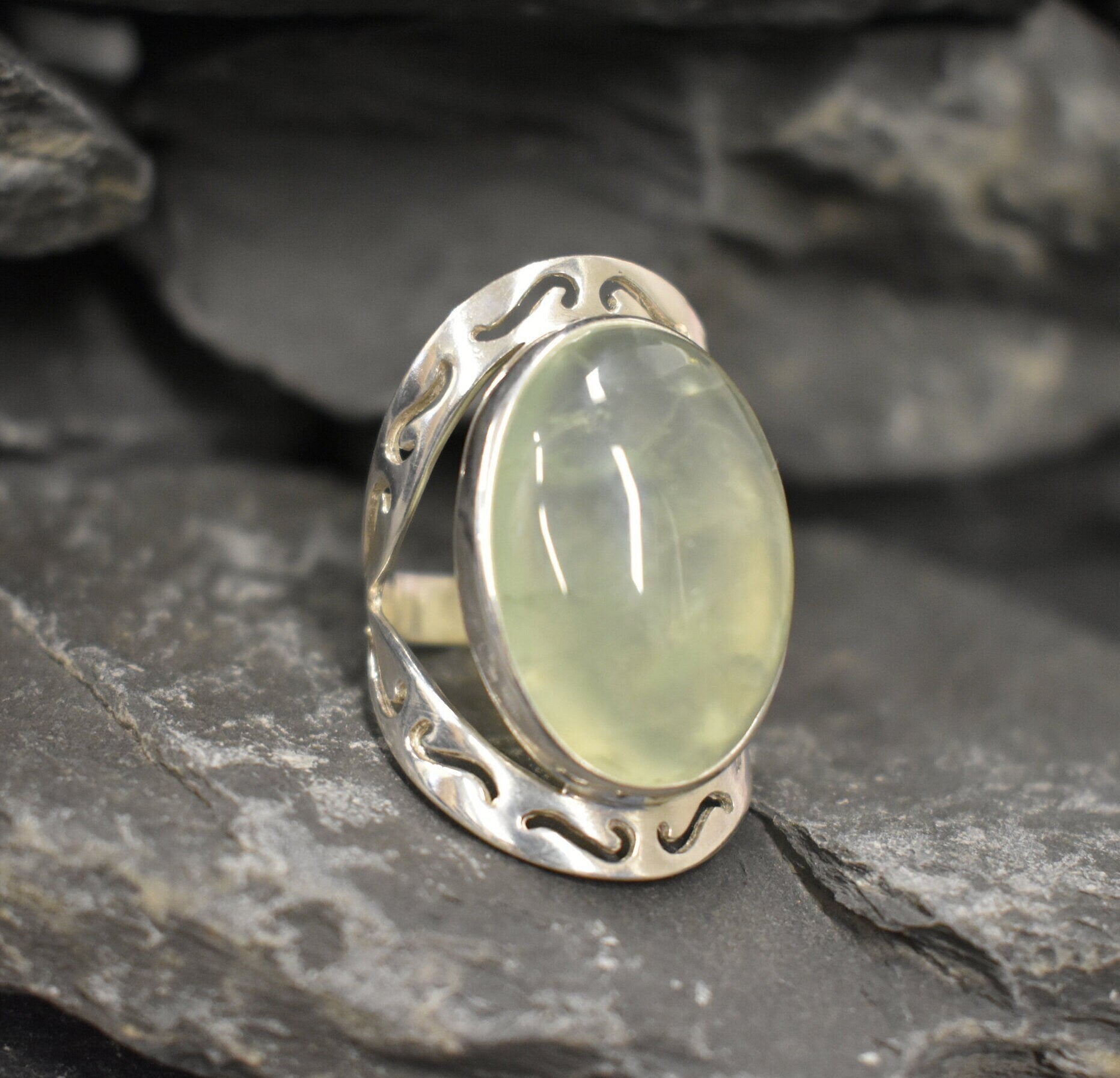 Prehnite Ring, Natural Prehnite, May Birthstone, Tribal Ring, Statement Ring, Massive Ring, Heavy Ring, Big Green Ring, Solid Silver Ring