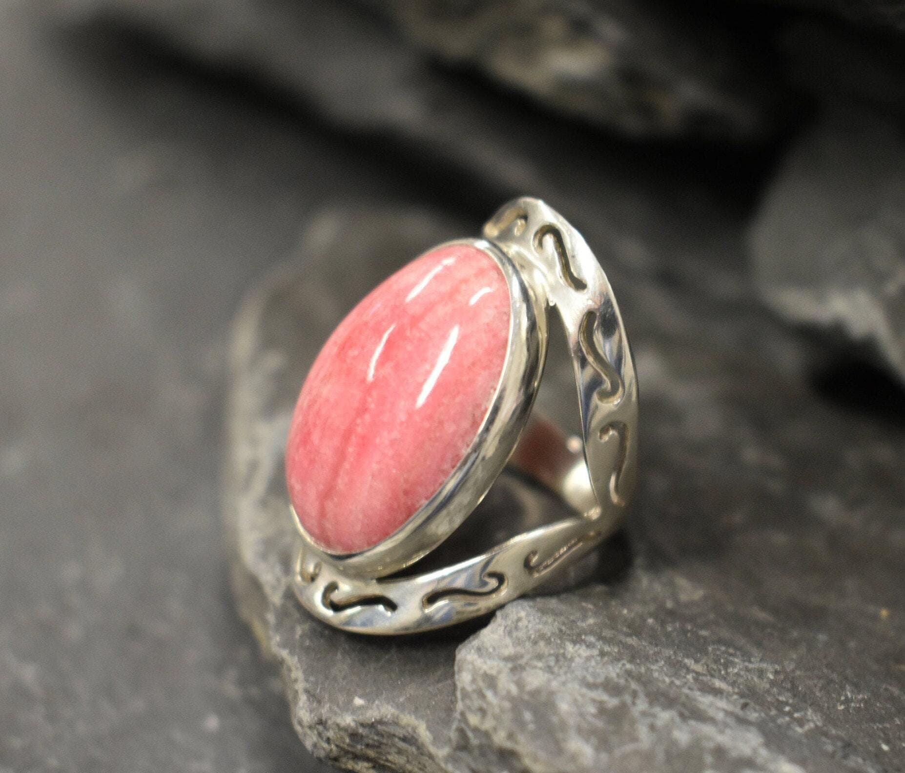 Rhodochrosite Ring, Large Pink Ring, Pink Oval Ring, Statement Ring, Artisan Ring, Bohemian Ring, Solid Silver Ring, Natural Rhodochrosite