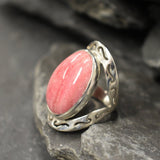Rhodochrosite Ring, Large Pink Ring, Pink Oval Ring, Statement Ring, Artisan Ring, Bohemian Ring, Solid Silver Ring, Natural Rhodochrosite