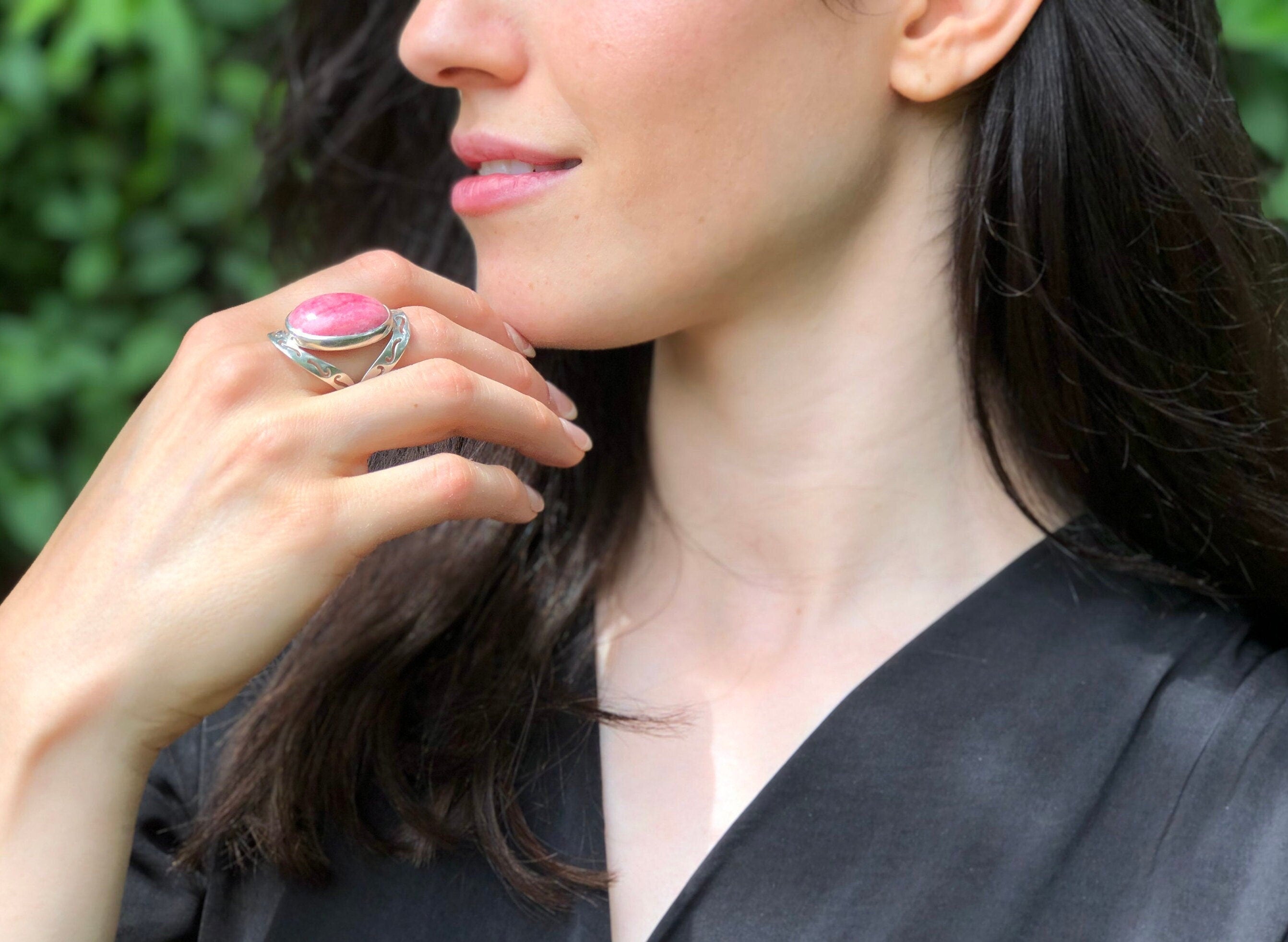 Rhodochrosite Ring, Large Pink Ring, Pink Oval Ring, Statement Ring, Artisan Ring, Bohemian Ring, Solid Silver Ring, Natural Rhodochrosite