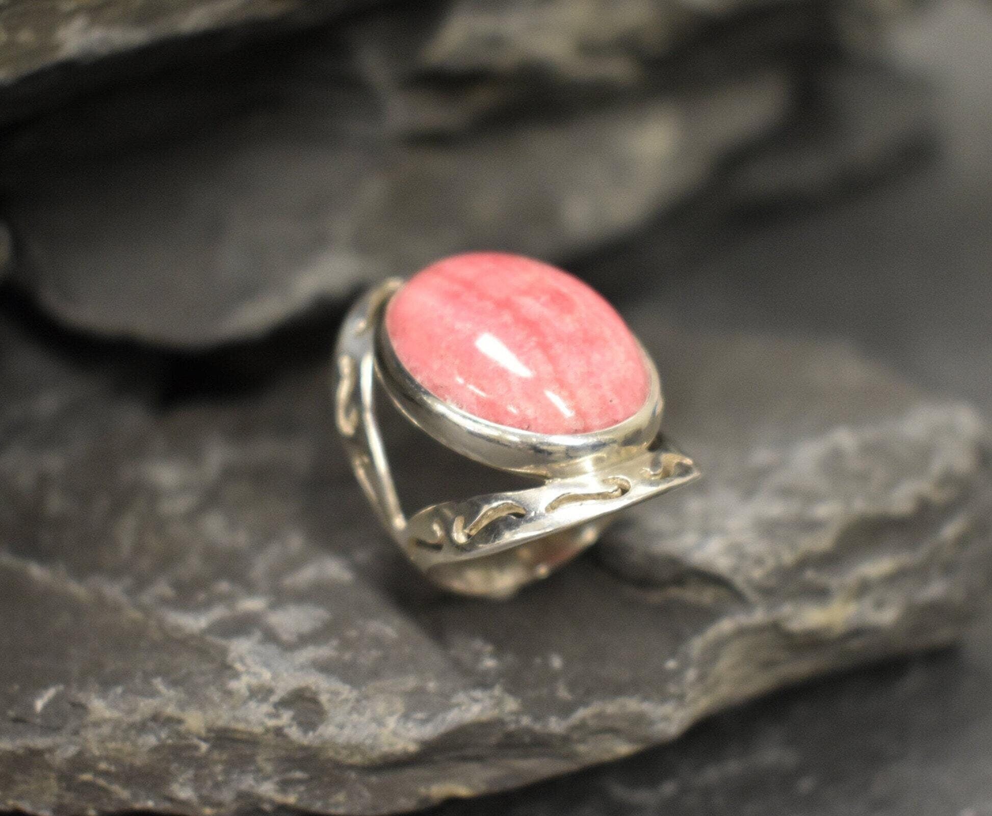 Rhodochrosite Ring, Large Pink Ring, Pink Oval Ring, Statement Ring, Artisan Ring, Bohemian Ring, Solid Silver Ring, Natural Rhodochrosite
