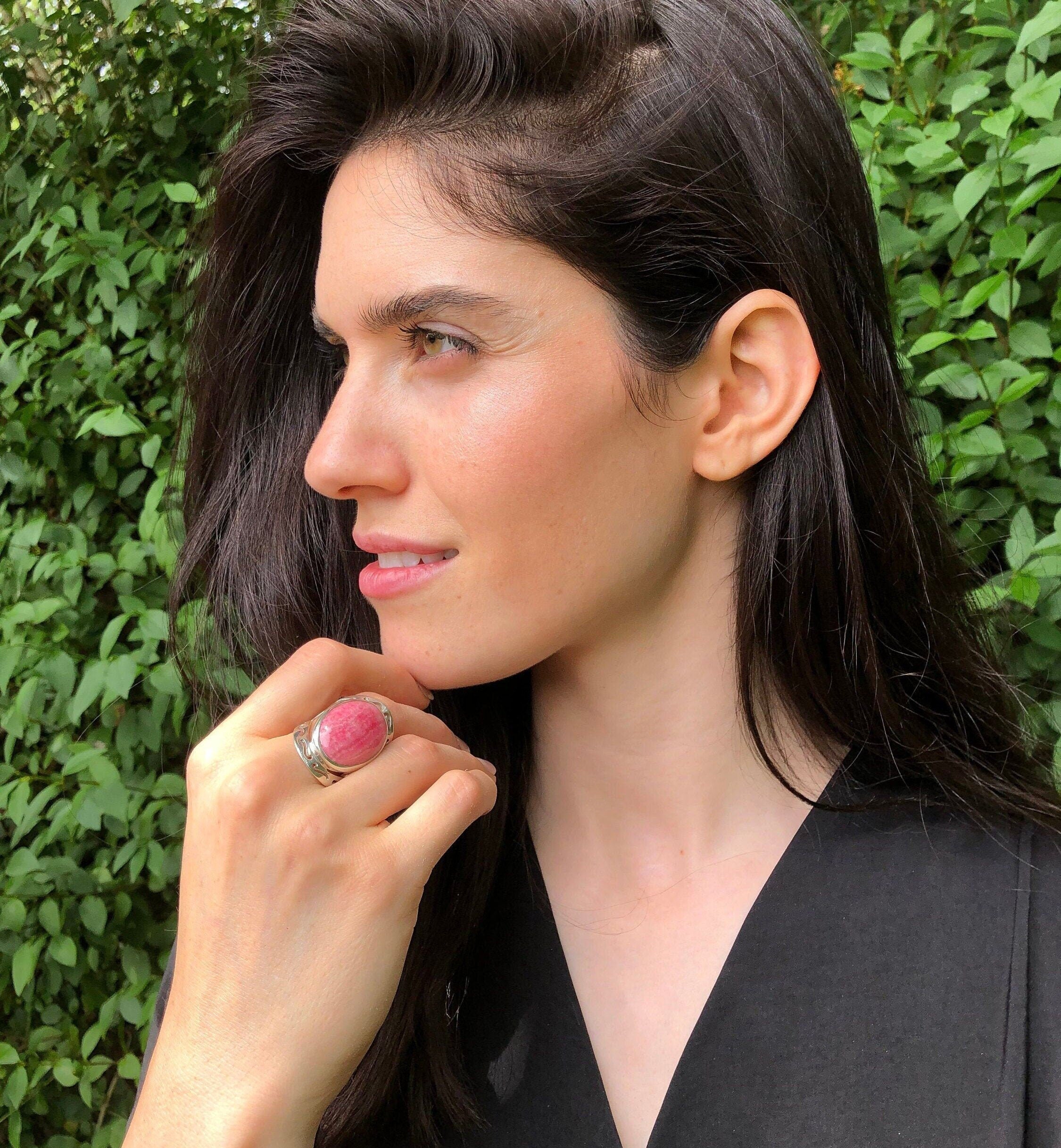 Rhodochrosite Ring, Large Pink Ring, Pink Oval Ring, Statement Ring, Artisan Ring, Bohemian Ring, Solid Silver Ring, Natural Rhodochrosite