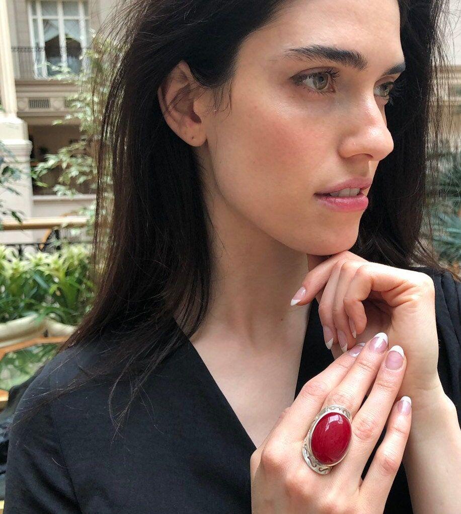 Statement Red Ring, Natural Red Agate, Large Stone Ring, Leo Birthstone, Vintage Ring, Carnelian Ring, Bohemian Ring, Solid Silver Ring