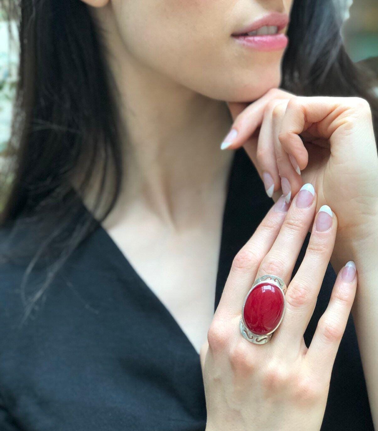 Statement Red Ring, Natural Red Agate, Large Stone Ring, Leo Birthstone, Vintage Ring, Carnelian Ring, Bohemian Ring, Solid Silver Ring