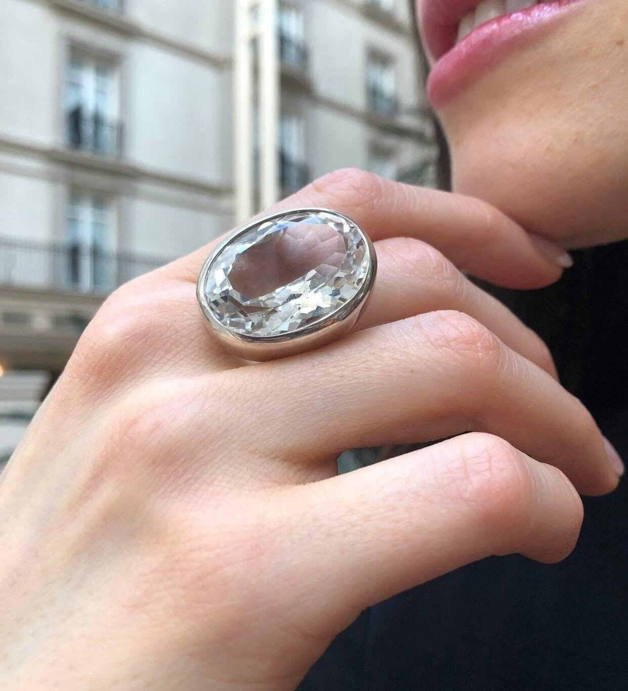 Large Topaz Ring, Natural White Topaz, Statement Ring, December Birthstone, Vintage Ring, Big Diamond Ring, Chunky Ring, Solid Silver Ring