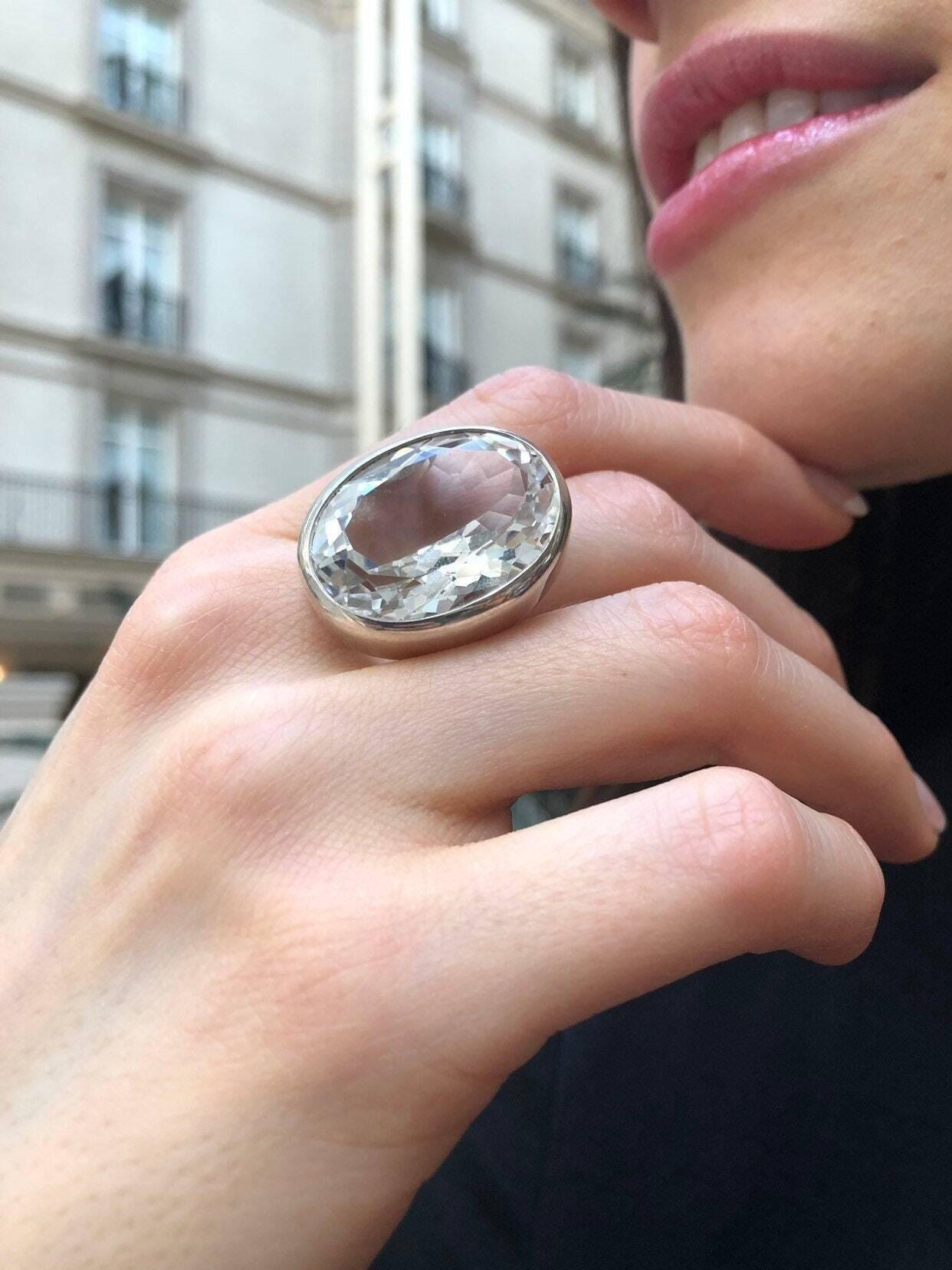 Large Topaz Ring, Natural White Topaz, Statement Ring, December Birthstone, Vintage Ring, Big Diamond Ring, Chunky Ring, Solid Silver Ring