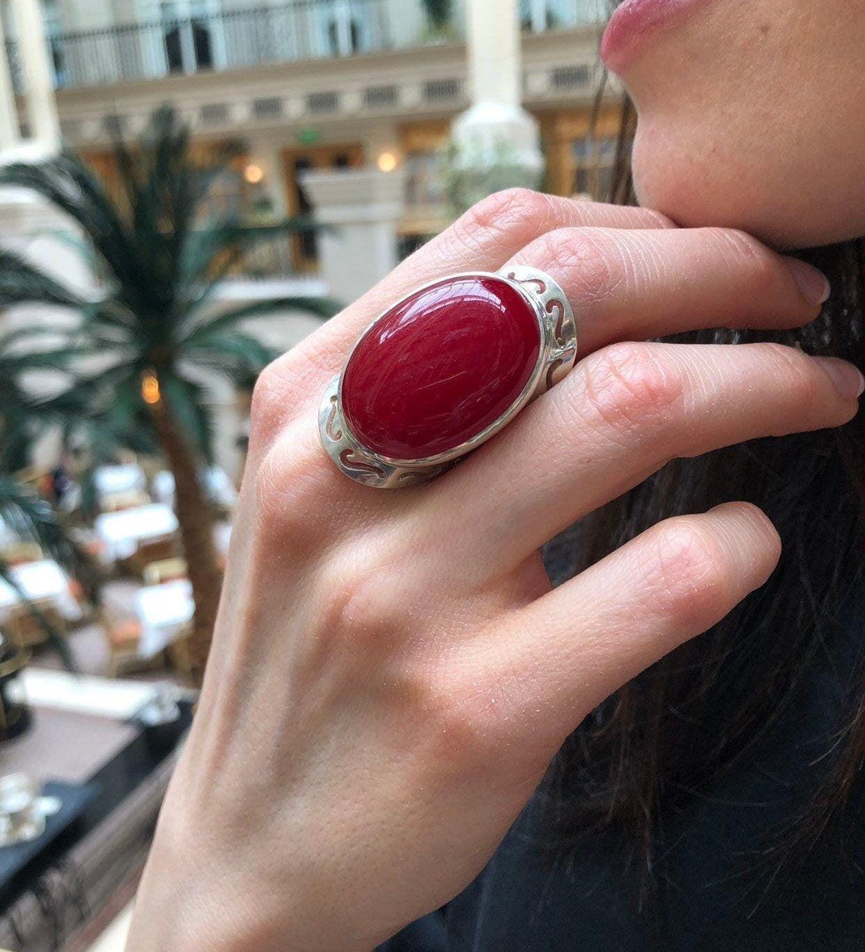 Statement Red Ring, Natural Red Agate, Large Stone Ring, Leo Birthstone, Vintage Ring, Carnelian Ring, Bohemian Ring, Solid Silver Ring