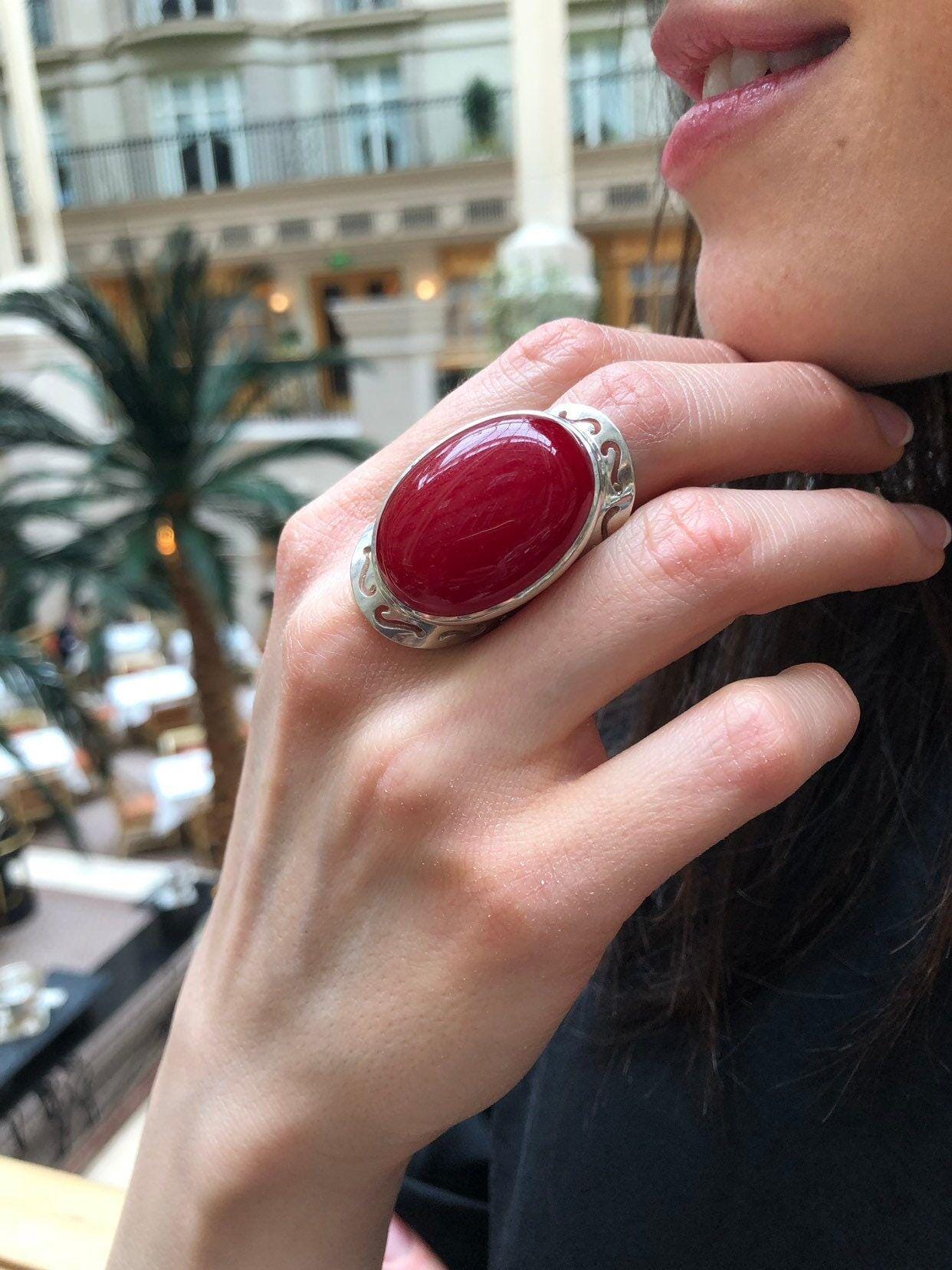 Statement Red Ring, Natural Red Agate, Large Stone Ring, Leo Birthstone, Vintage Ring, Carnelian Ring, Bohemian Ring, Solid Silver Ring