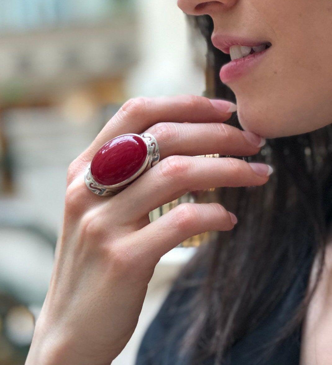 Statement Red Ring, Natural Red Agate, Large Stone Ring, Leo Birthstone, Vintage Ring, Carnelian Ring, Bohemian Ring, Solid Silver Ring