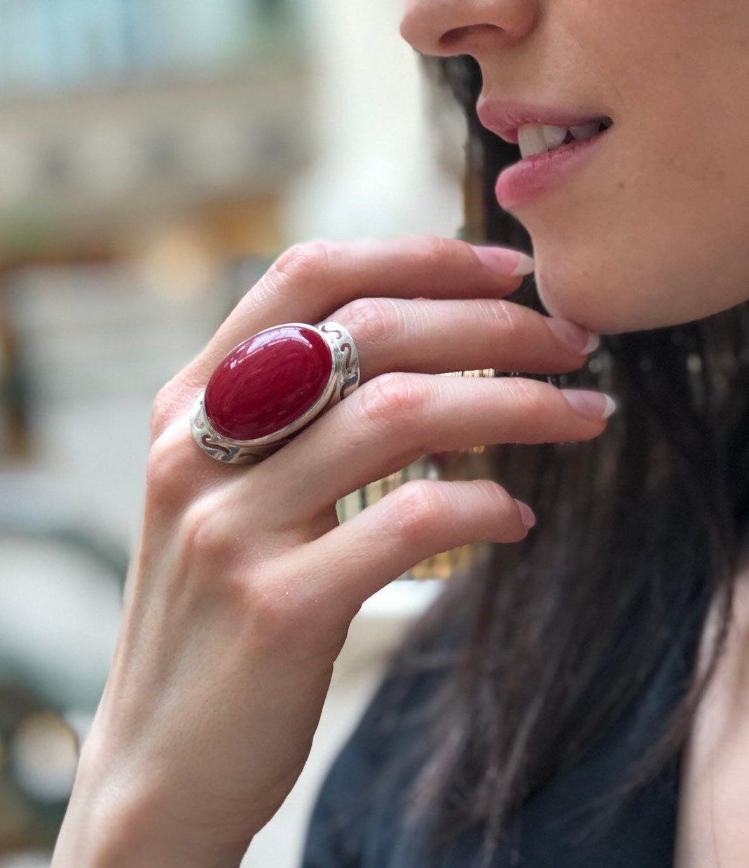 Statement Red Ring, Natural Red Agate, Large Stone Ring, Leo Birthstone, Vintage Ring, Carnelian Ring, Bohemian Ring, Solid Silver Ring