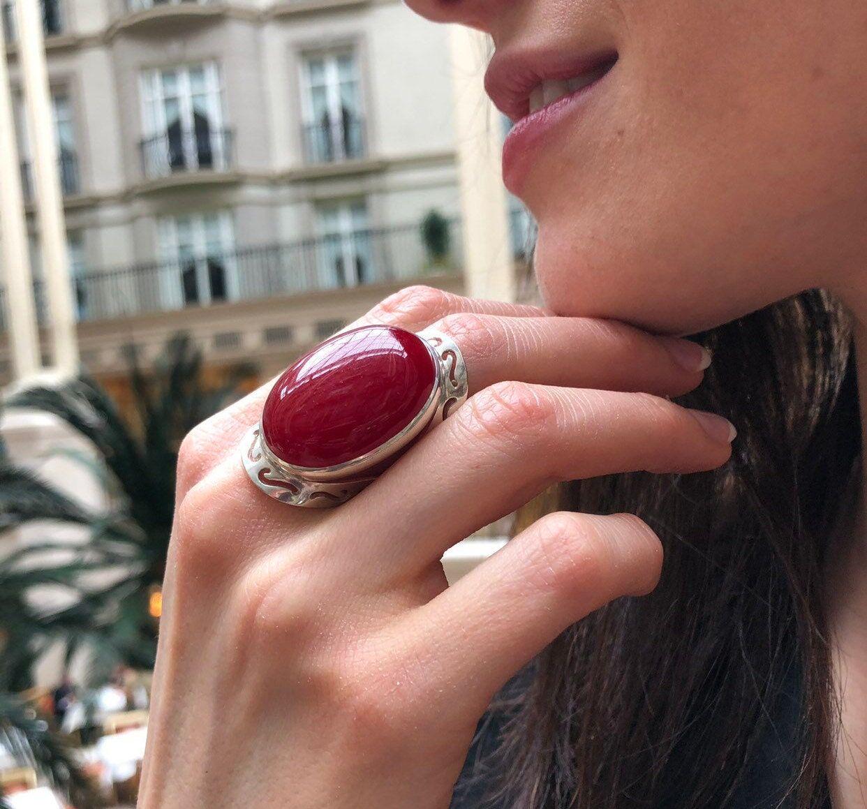 Statement Red Ring, Natural Red Agate, Large Stone Ring, Leo Birthstone, Vintage Ring, Carnelian Ring, Bohemian Ring, Solid Silver Ring