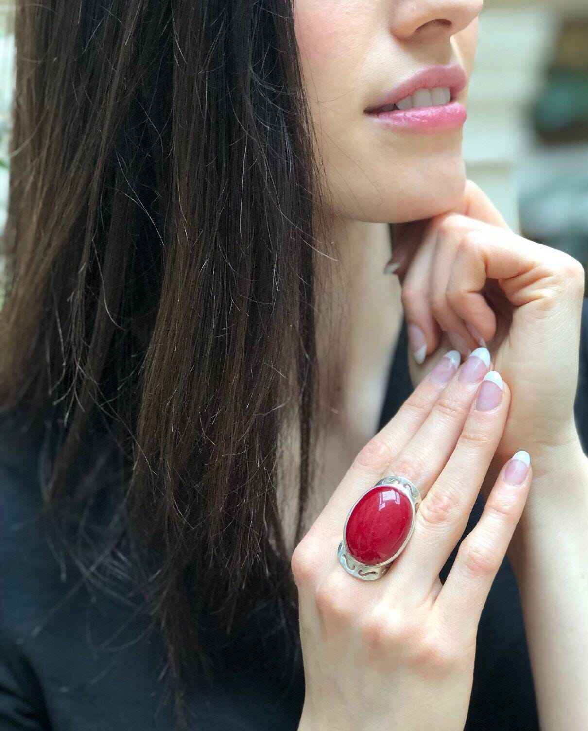 Statement Red Ring, Natural Red Agate, Large Stone Ring, Leo Birthstone, Vintage Ring, Carnelian Ring, Bohemian Ring, Solid Silver Ring