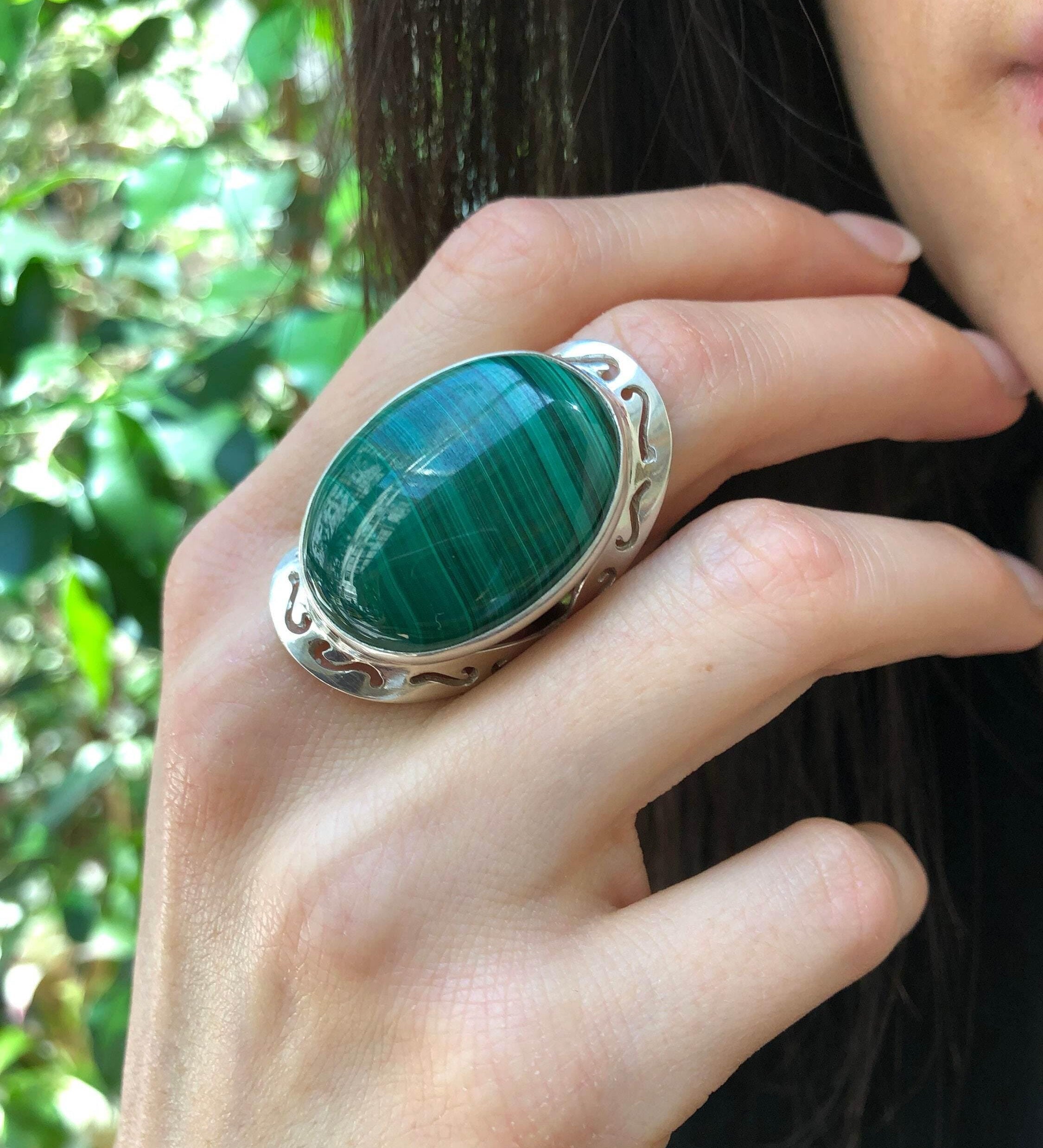 Large Malachite Ring, Natural Malachite, Green Malachite Ring, Vintage Rings, Large Stone Ring, Green Gem Ring, Solid Silver Ring, Malachite