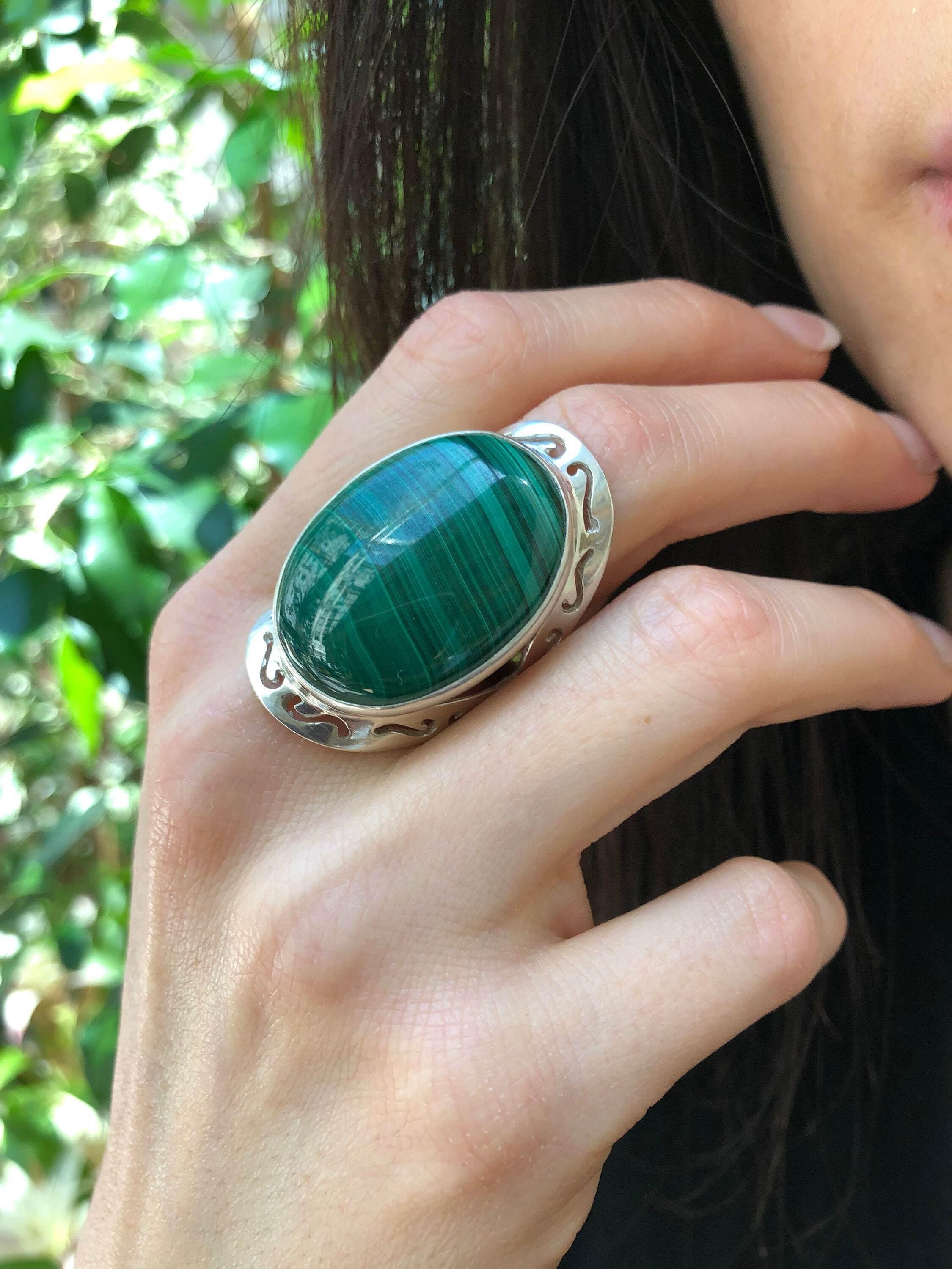 Large Malachite Ring, Natural Malachite, Green Malachite Ring, Vintage Rings, Large Stone Ring, Green Gem Ring, Solid Silver Ring, Malachite