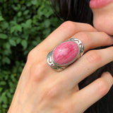 Rhodochrosite Ring, Large Pink Ring, Pink Oval Ring, Statement Ring, Artisan Ring, Bohemian Ring, Solid Silver Ring, Natural Rhodochrosite