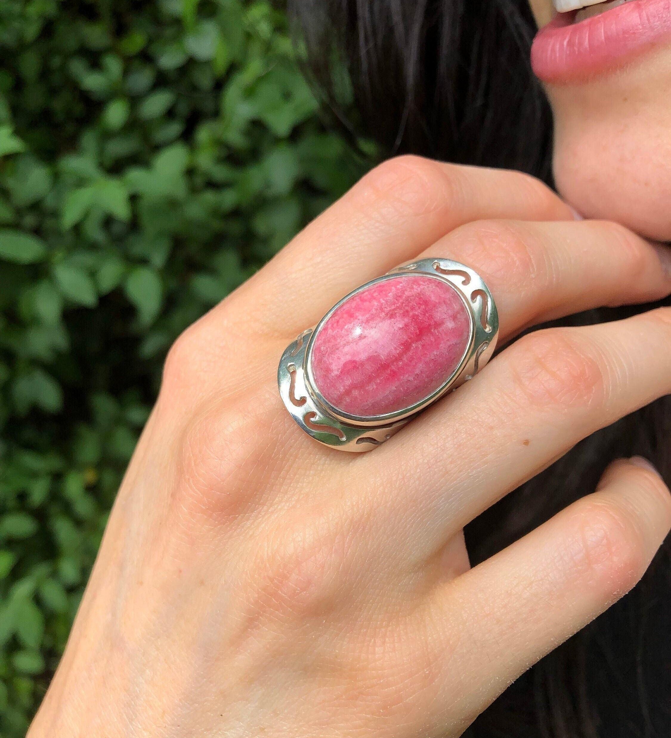 Rhodochrosite Ring, Large Pink Ring, Pink Oval Ring, Statement Ring, Artisan Ring, Bohemian Ring, Solid Silver Ring, Natural Rhodochrosite