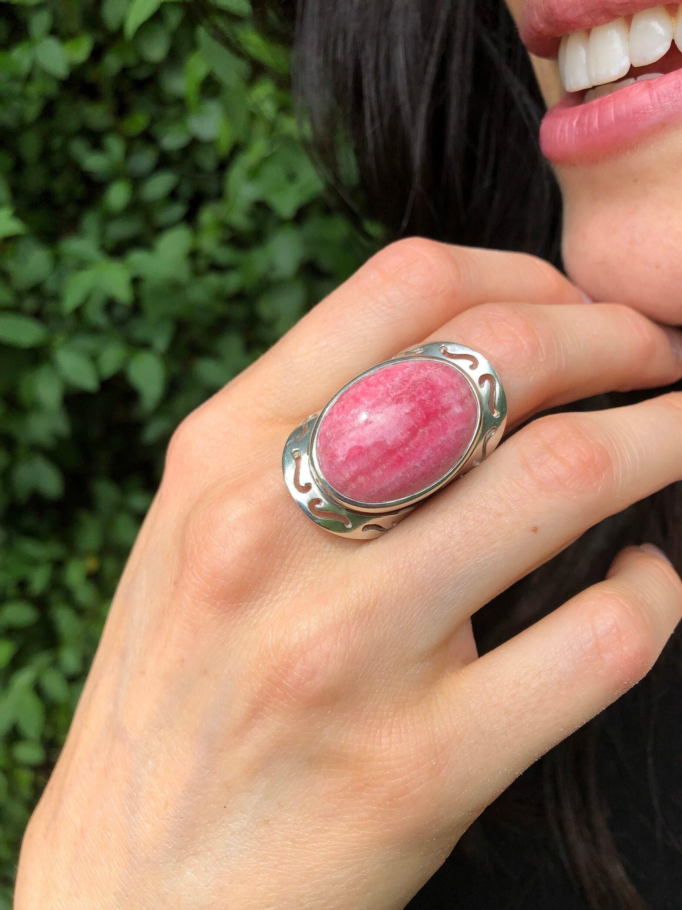 Rhodochrosite Ring, Large Pink Ring, Pink Oval Ring, Statement Ring, Artisan Ring, Bohemian Ring, Solid Silver Ring, Natural Rhodochrosite