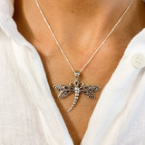Close up shot of Silver Dragonfly Necklace, Insect Necklace, Vintage Dragonfly Pendant worn by model