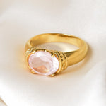 Pink Rose Quartz Ring set in 18k yellow gold over solid 925 sterling silver, in stunning pink color and clarity, and in a prong setting. January Birthstone ring symbolizing unconditional love. Pink Boho Ring perfect for chic and stylish outfit, can be worn as an everyday ring, and a perfect solitaire gemstone ring.
