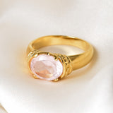 Pink Rose Quartz Ring set in 18k yellow gold over solid 925 sterling silver, in stunning pink color and clarity, and in a prong setting. January Birthstone ring symbolizing unconditional love. Pink Boho Ring perfect for chic and stylish outfit, can be worn as an everyday ring, and a perfect solitaire gemstone ring.