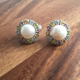 June birthstone Natural Pearl earrings enhanced with sparkling Amethyst, Blue Topaz, Citrine, and Peridot, for emotional clarity and balance, wonderful gift for birthdays and anniversaries.
